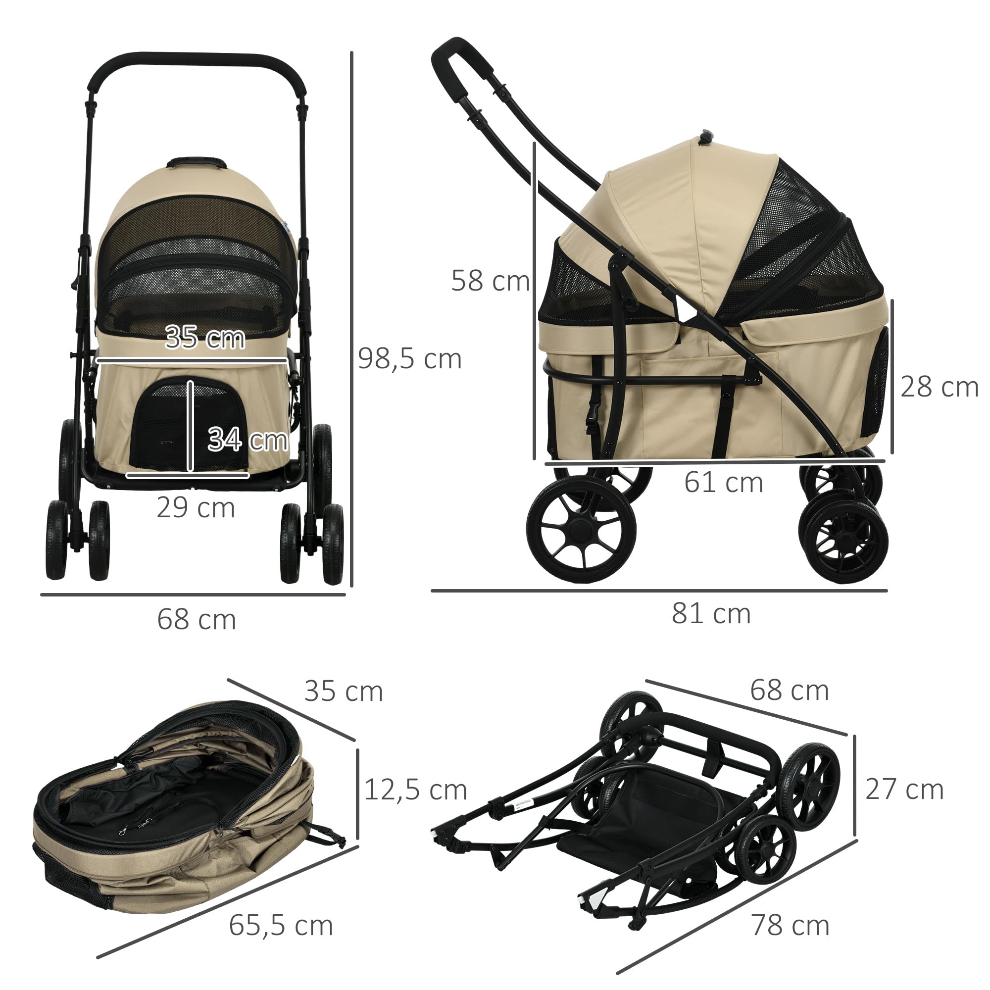 PawHut Carrito para Perros 2 en 1 Cochecito para Perros Pequeños Plegable con 2 Correas de Seguridad 2 Bolsillos Laterales Cojín Lavable y Ruedas Universales Carga 15 kg Caqui