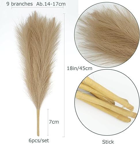 Miniatura 8 de 6 piezas de hierba de pampa sintética marrón esponjosa, tallos de hierba artificial de las pampas, plantas artificiales de decoración de pompass,