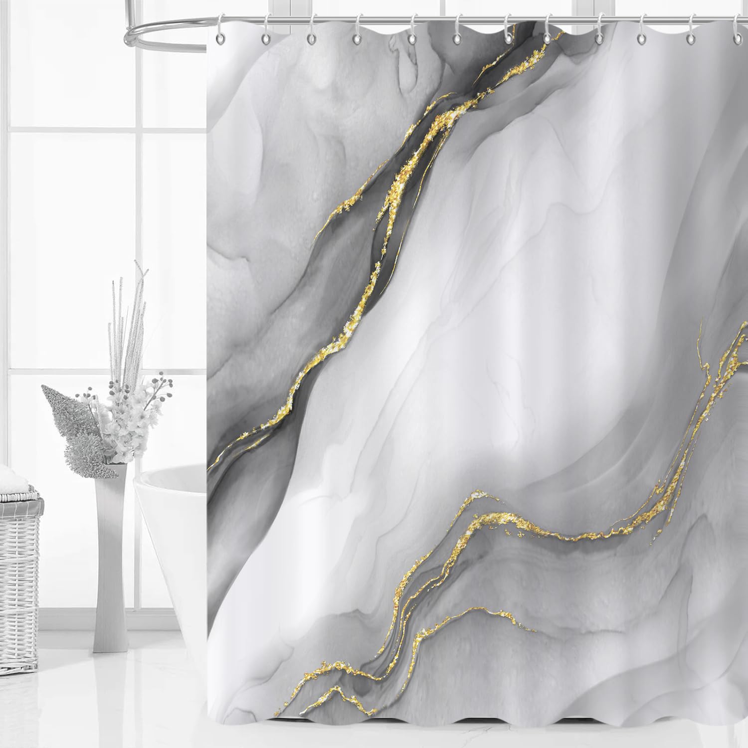 GCIREC Shower Curtain, 180x180cm, Gray Gradient with Gold Marble Modern Art Waterproof Fabric Machine Washable Bathroom Curtain with Hooks