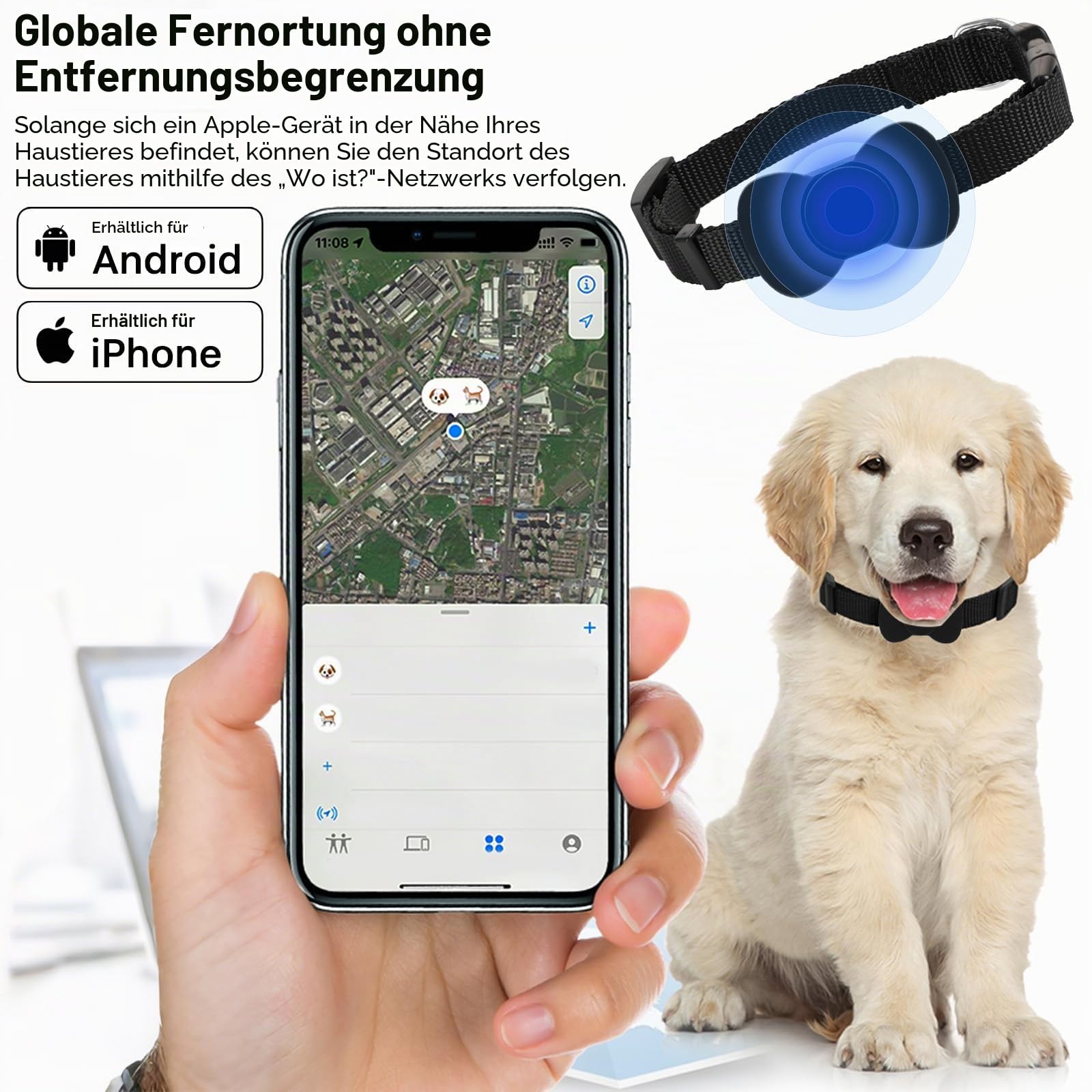Katzen-GPS-Tracker-Halsband, keine monatliche Gebühr, GPS-Katzen-Tracker-Halsband für kleine Katzen, für Apple Find-Funktion (Gilt für iOS und Android), Katzen-Tracker