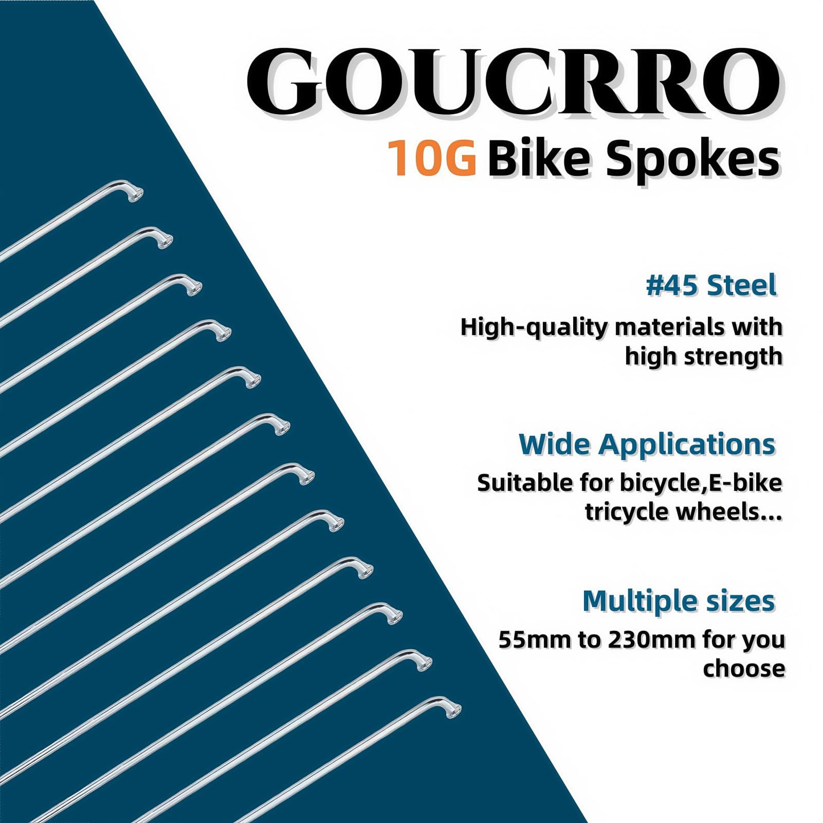 Lot de 40 rayons de vélo 10 G 3 mm pour vélo électrique, moto, tricycle, roue de 55 mm à 230 mm avec embouts argentés
