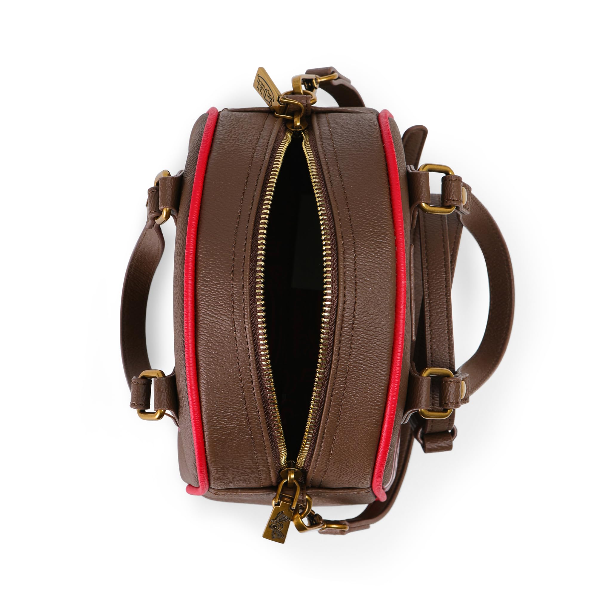 Von Dutch Womens Two Tone Bowling Bag Purse - Stylish Women's Handbag with Adjustable Strap, Spacious Interior, and Iconic Logo Design (Dark Brown and Red)