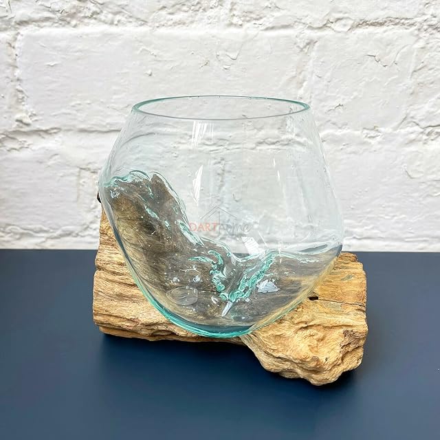 Darthome Ltd Molten Glass Home Decorative Round Bowl On Rustic Teak Root Wood Stand Ornament 15cm