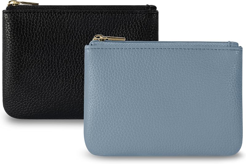 PU Leather Coin Purse Pouch Change Holder Small With Zipper for Men Women 2 PCS Set (Black&Blue)