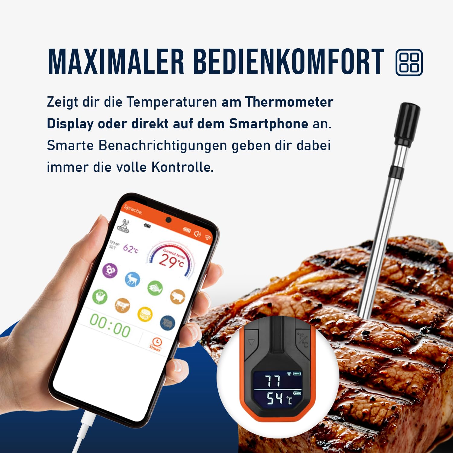 Fontastic “Foca” Fleischthermometer kabellos mit App – Grillthermometer für punktgenaues BBQ, Thermometer kochen 0-275°C, Grillthermometer Bluetooth aus Edelstahl mit Keramik-Griff, IP67