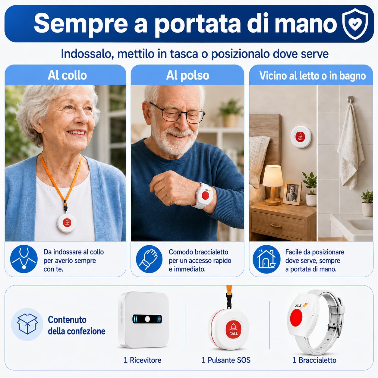 Daytech Salvavita Anziani, Pulsante Allarme Anzianicon 1 Ricevitore, 1 Pulsante SOS e 1 Braccialetto, Campanello Emergenza Anziani per Assistenza Domiciliare, 55 Suonerie, 5 Volumi, 150 m, IP55