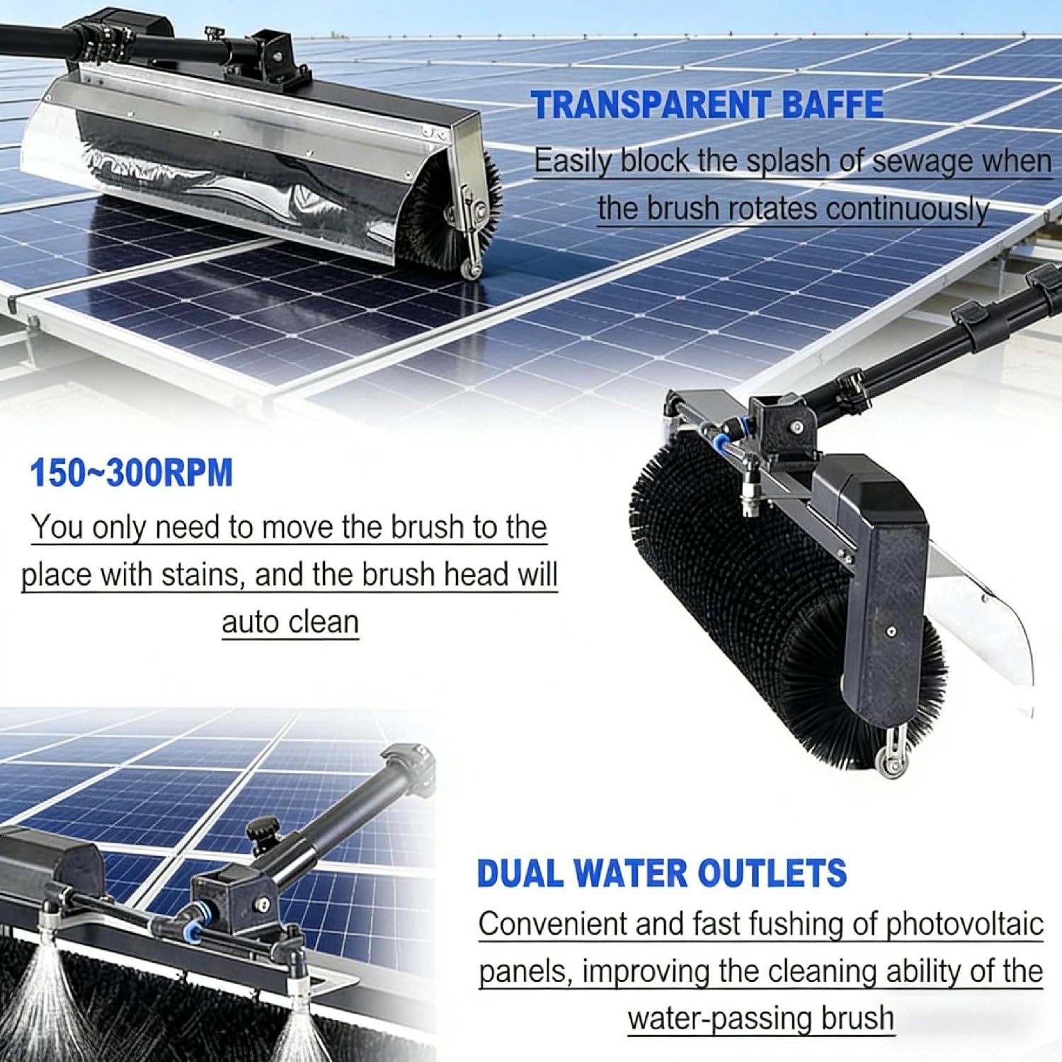 Cepillo telescópico para Limpiar Paneles solares, ángulo Ajustable de 360°, Mango de 5,5 Metros para Cristales de caravanas, letreros de Tiendas y Vallas publicitarias.