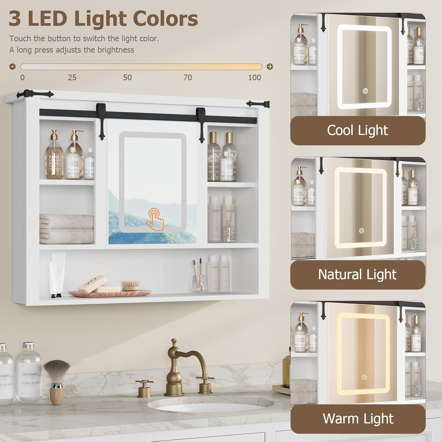 QUW 31" Farmhouse Bathroom Wall Cabinet, Bathroom Medicine Cabinets with Mirror, Over Toilet Wall Storage Cabinet, 3 Lighting Modes, Adjustable Brightness, Jewelry Holder, Sliding Door, White