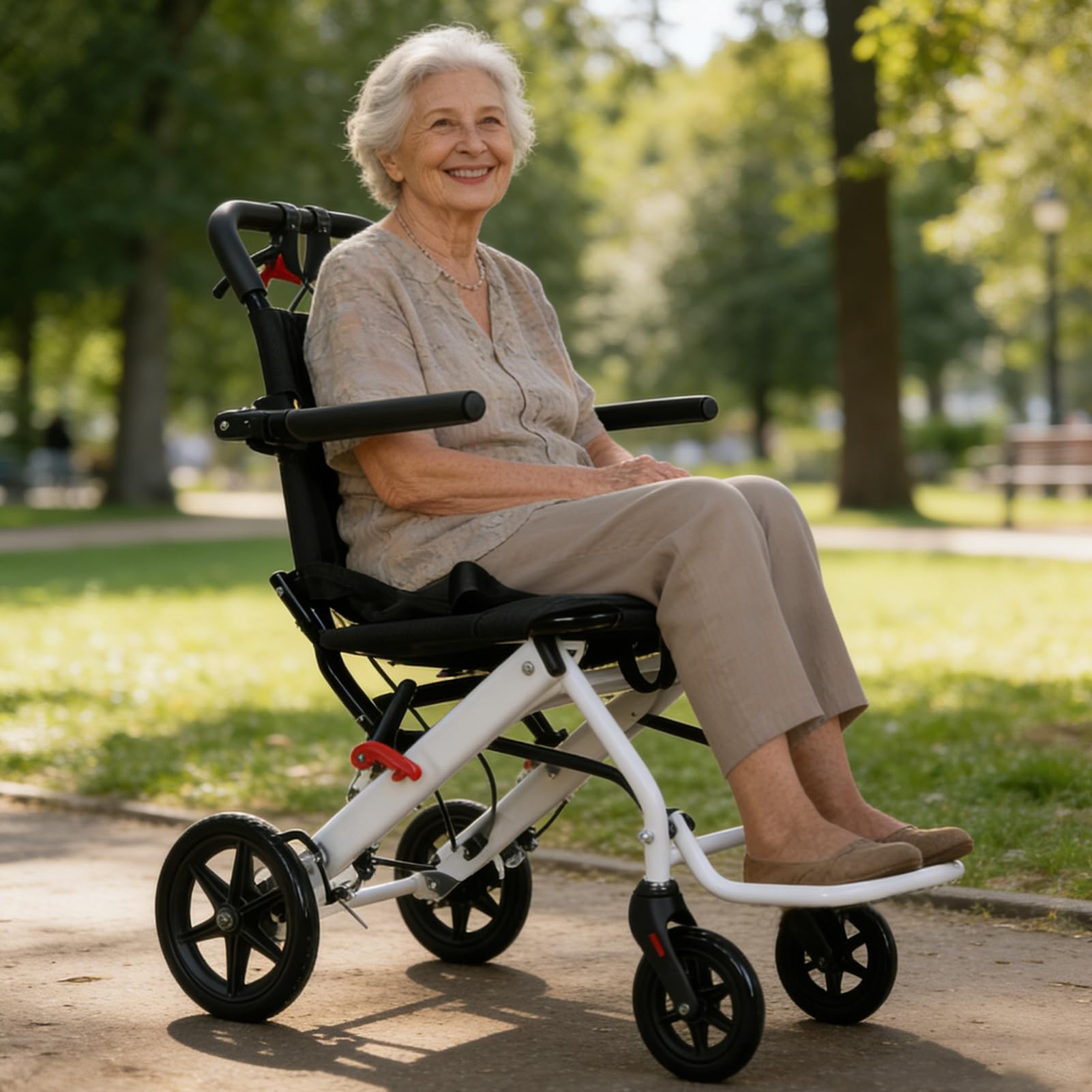 Sedia a rotelle pieghevole ultraleggera, in lega di acciaio al carbonio sedia a rotelle di transito, 8,2 kg, manubrio girevole 280°, ruote PU 360°, compatto per viaggi, anziani e disabili