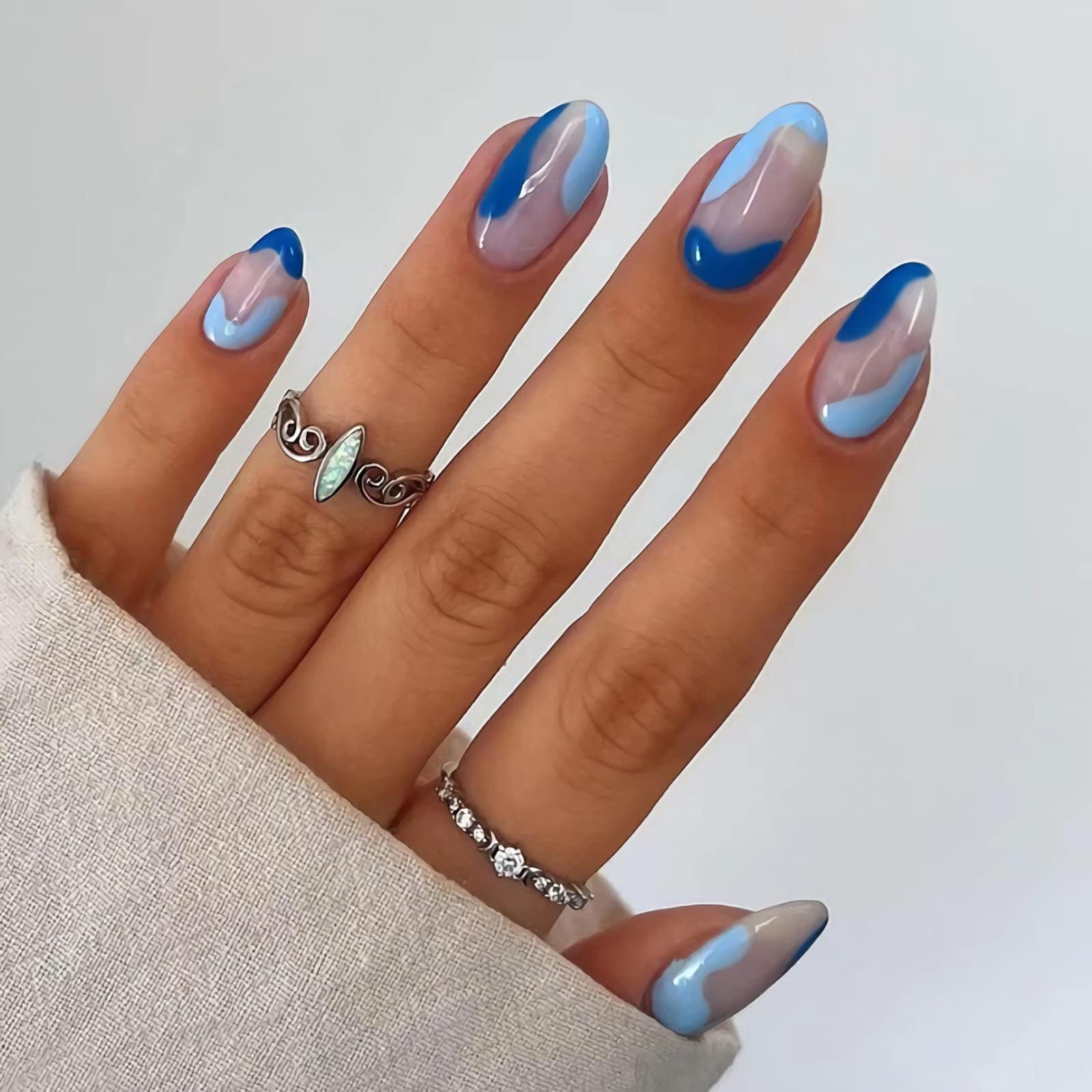 24 Pcs Blue Press on Nails Short, Oval Shape Fake Nails Almond Glossy Short False Nails French Stripe Wave Glue on Nails Artificial Finger Manicure Press on Nails for Women and Girls