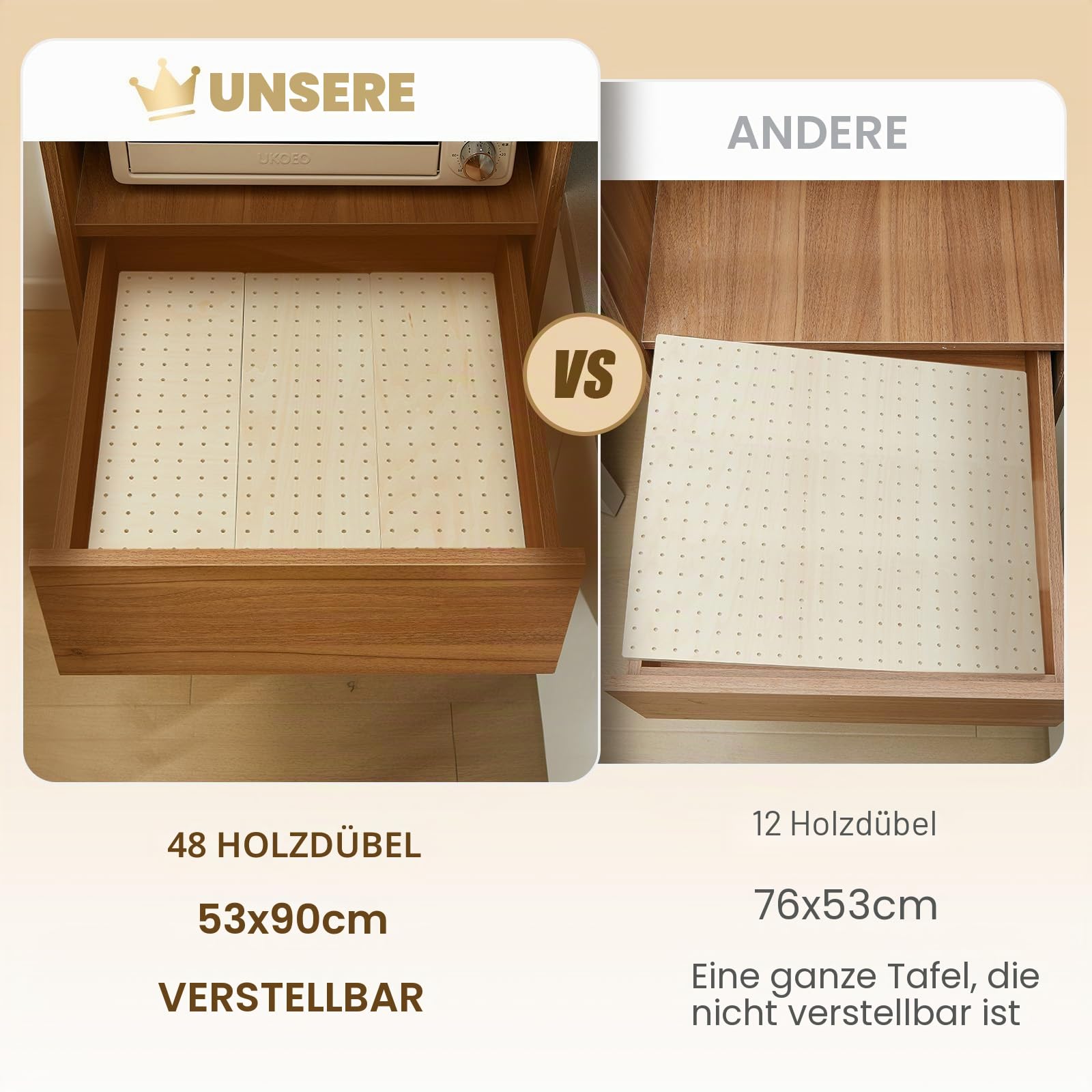 Kigley 6 Stück Holz Stecktafel Schublade Organizer Mit 48 Klammern - Peg Board System für Geschirr und Lebensmittelbehälter - Küche Platte Organizer