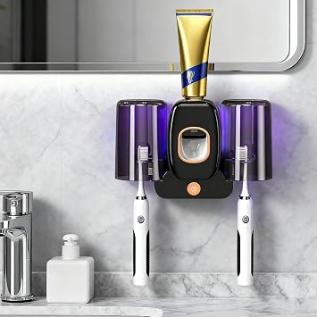 Rechargeable Toothbrush Holder,Wall Mounted Automatic Toothbrush Cleaning Tool with Toothpaste Dispenser & 2 Cups, No Drilling Bathroom Organizer for Family Black