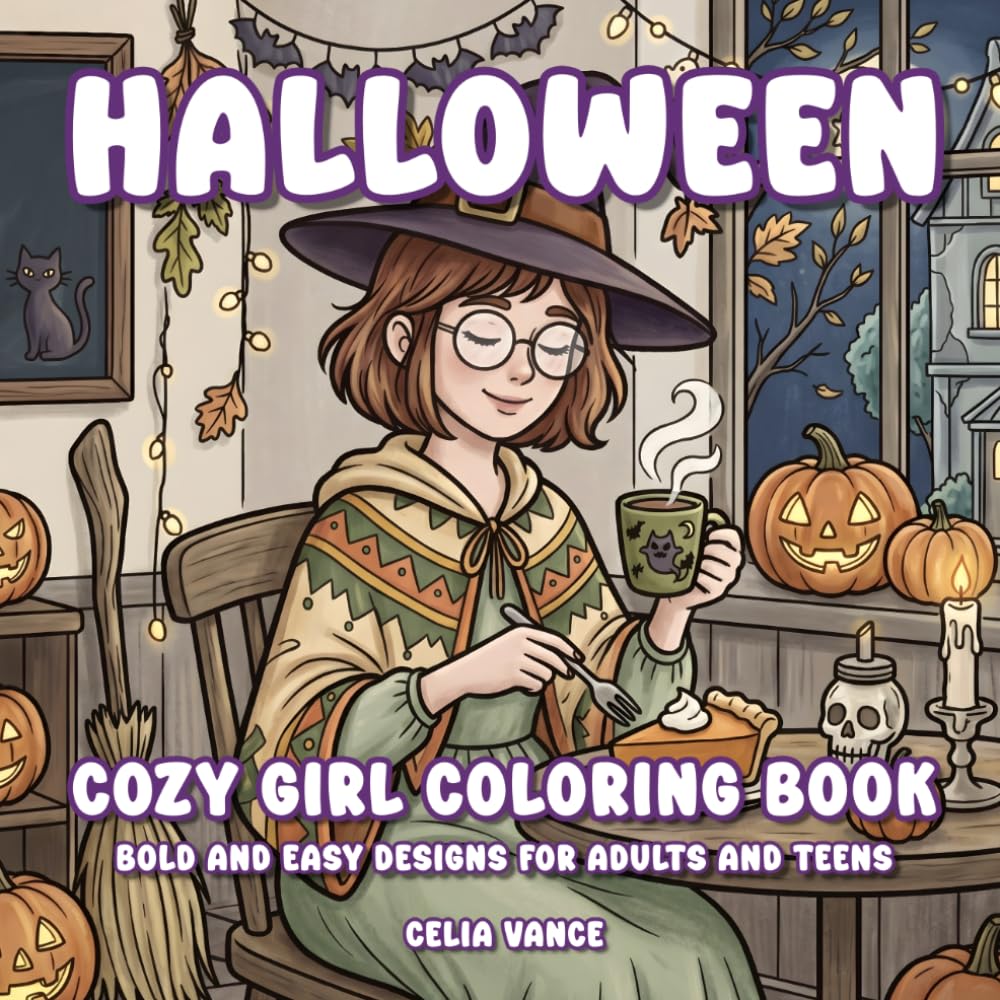 Halloween Cozy Girl Coloring Book: Bold and Easy Designs for Adults and Teens (Luna's Cozy World)