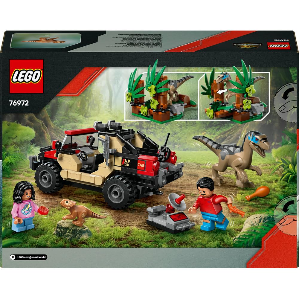 LEGO Jurassic World Ucieczka terenówką przed raptorem, zabawka dla dziecka, dla chłopca i dziewczynki, figurka welociraptora, pomysł na prezent dla miłośników dinozaurów w wieku od 6 lat 76972