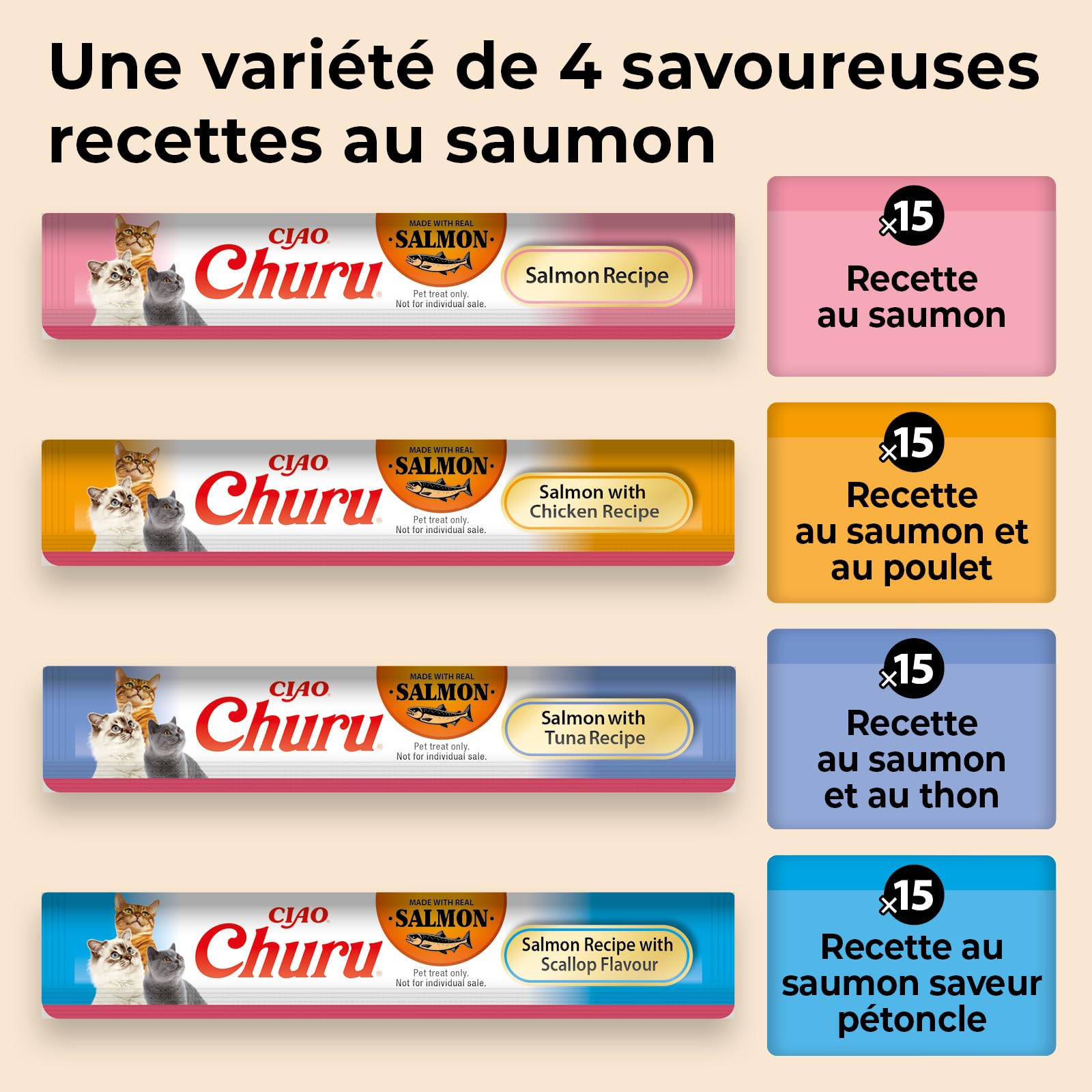INABA Churu Salmon Variety Pack, Friandises Crémeuses pour Chats, Purée à Donner à la Main, Recettes au Saumon, Thon, Poulet et Pétoncle, Ingrédients Premium, Haute Humidité, 60 Sticks x 14g