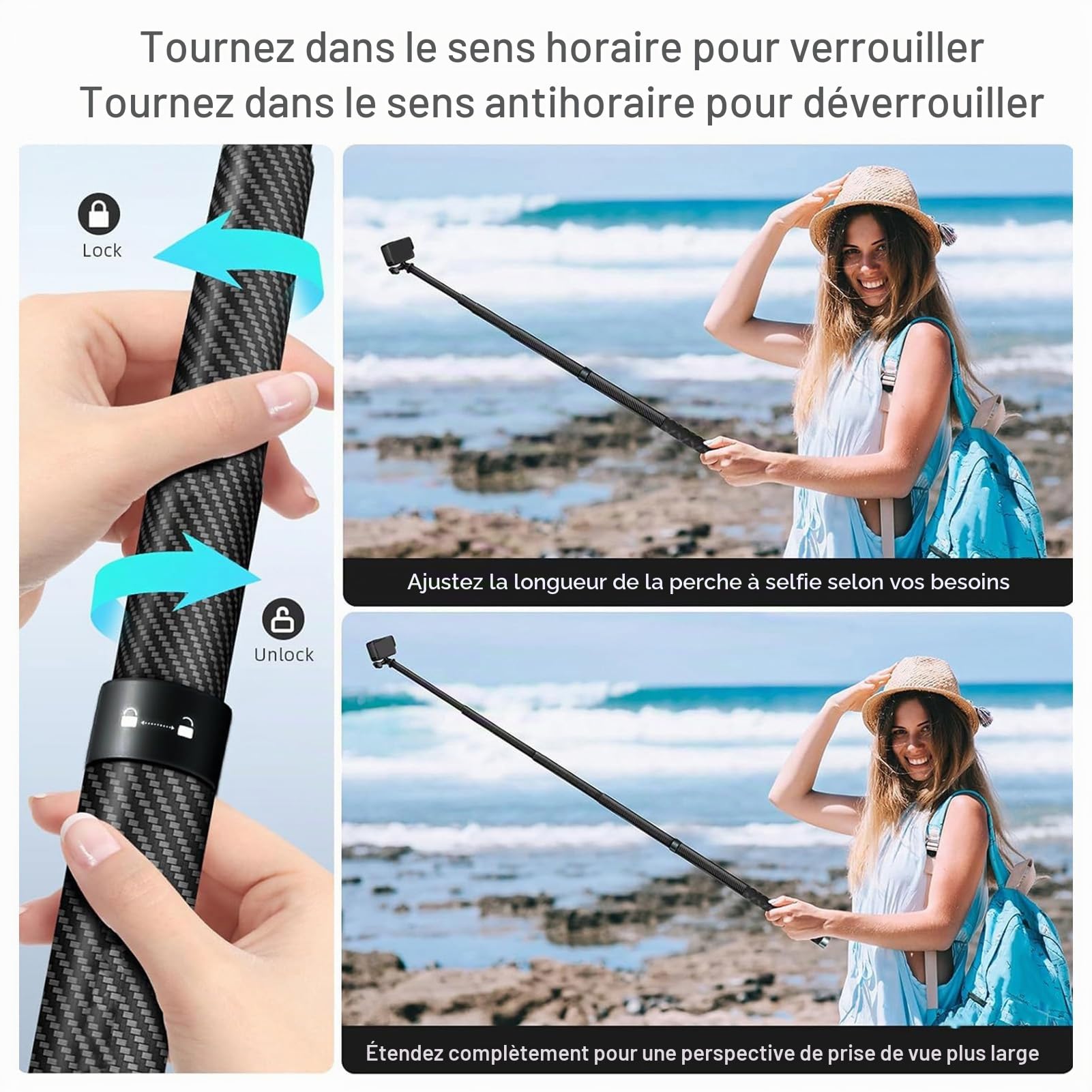 Stick à Selfie de 5m 16,4ft, 9 Section Pole D'extension en Fibre de Carbone étendue pour Les Caméras d'action 360 X4 X3 X2, avec des Trous à Vis de 1/4 de Pouce
