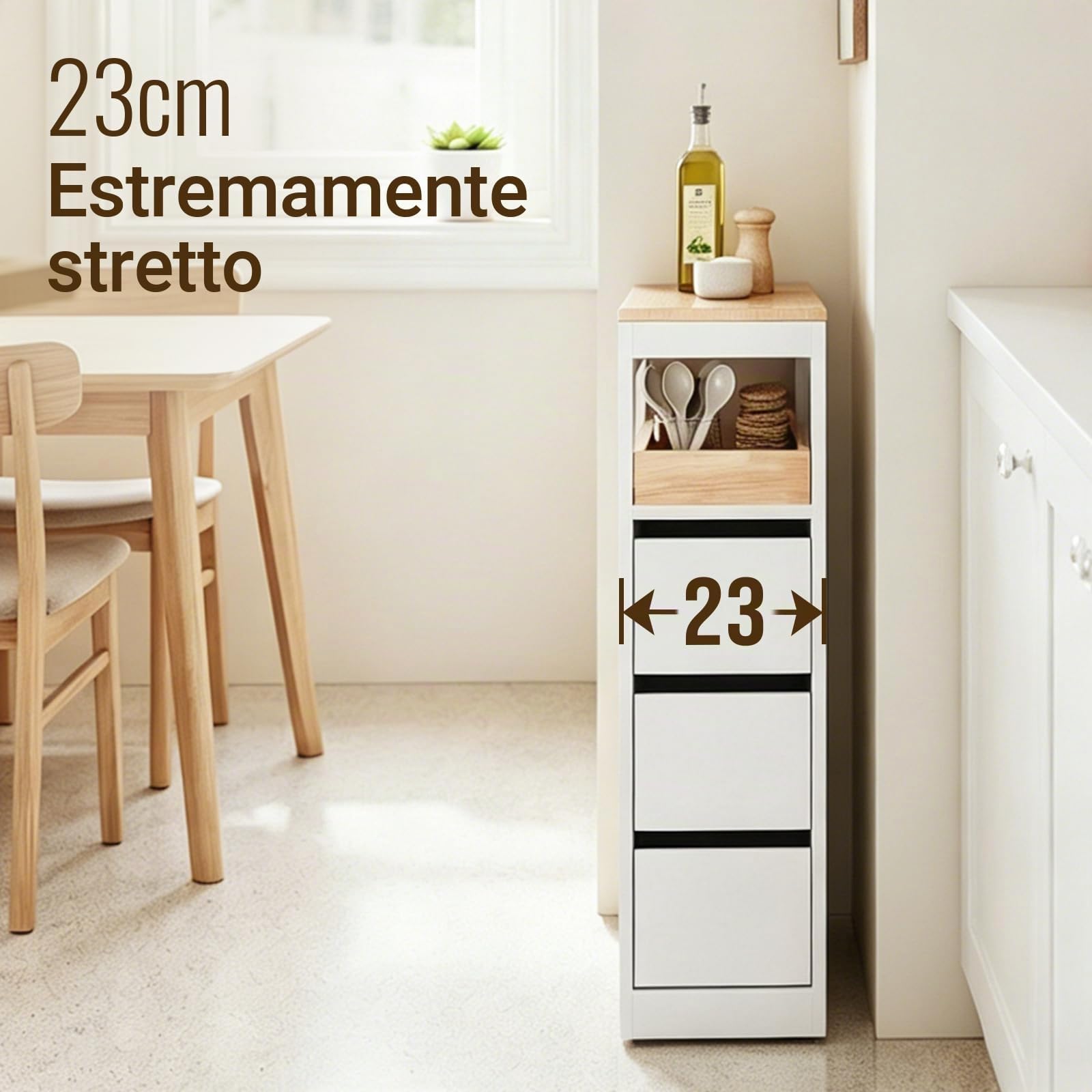 SoBuy Carrello Cucina Mobiletto Salvaspazio con Ruote 65x23x82cm | con Piano Di Lavoro, Cassetto E Ripiani Aperti, Carrello Portaoggetti Per Cucina, Bianco, BZR54-II-Wc