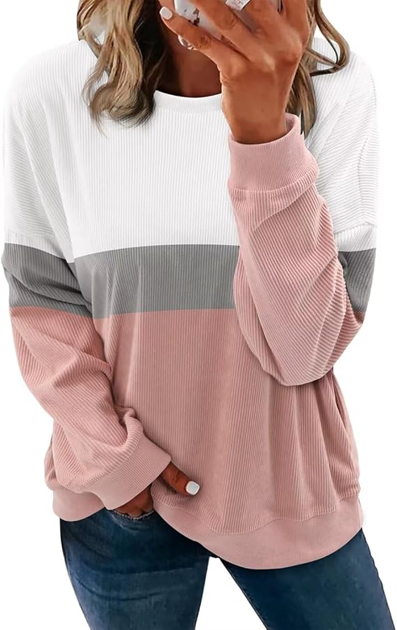 KISSMODA Womens Casual Long Sleeve Sweatshirts Color Block/Solid Tops Corduroy Crewneck Tunic Pullover with Pockets