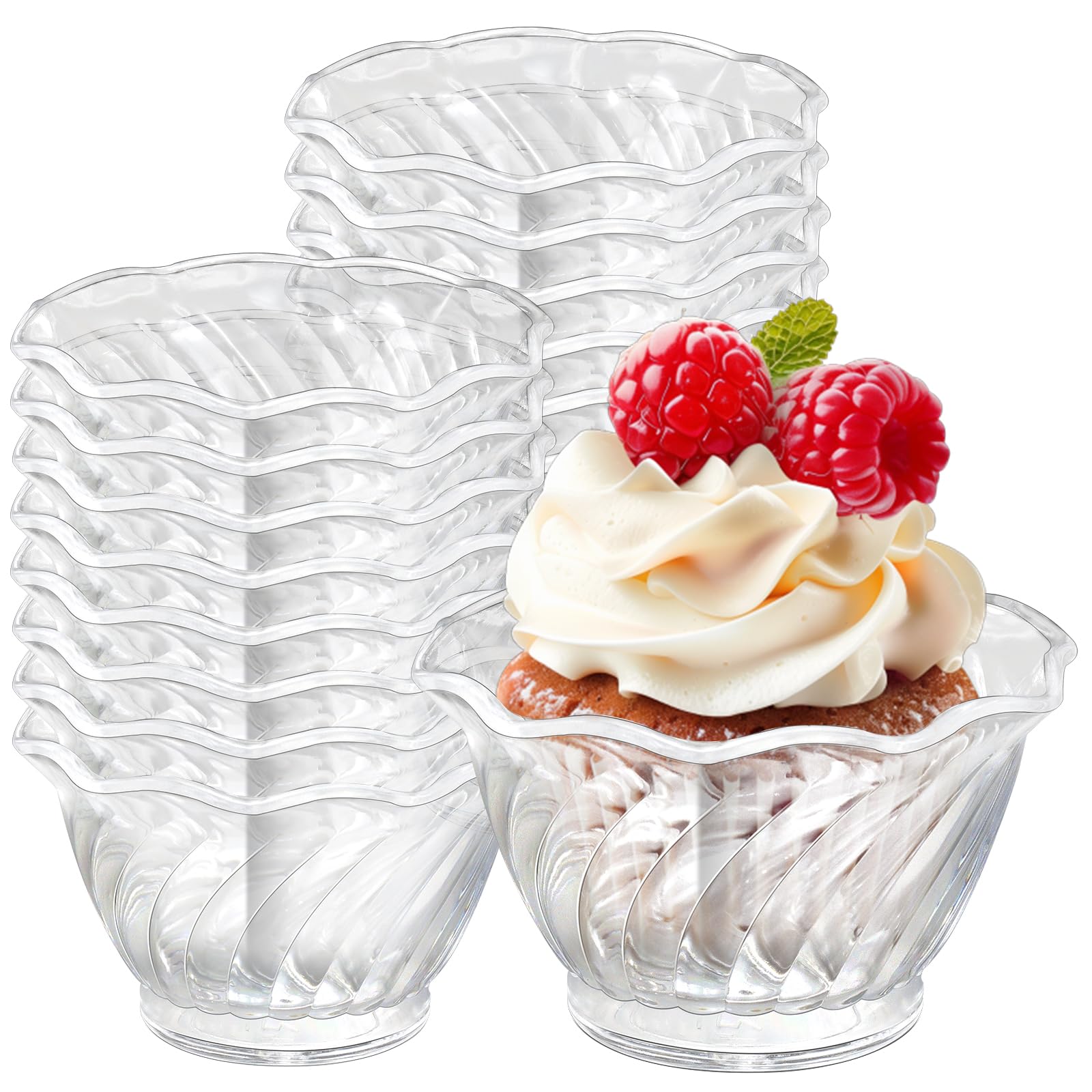 YFNVH 32 Pack Acrylic Dessert Bowls 6 oz/170 ml Clear Reusable Ice Cream Bowl Small Swirl Tulip Shape Cups for Sundae Salad Fruit Pudding Party Catering