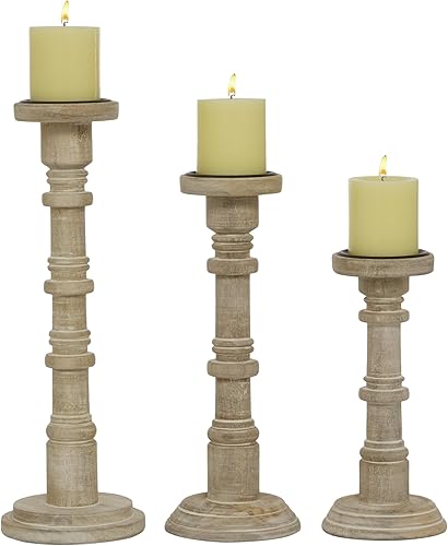 Deco 79 Portavelas decorativo de madera de mango, juego de 3 candelabros de 11 pulgadas, 14 pulgadas, 17 pulgadas de alto, marrón