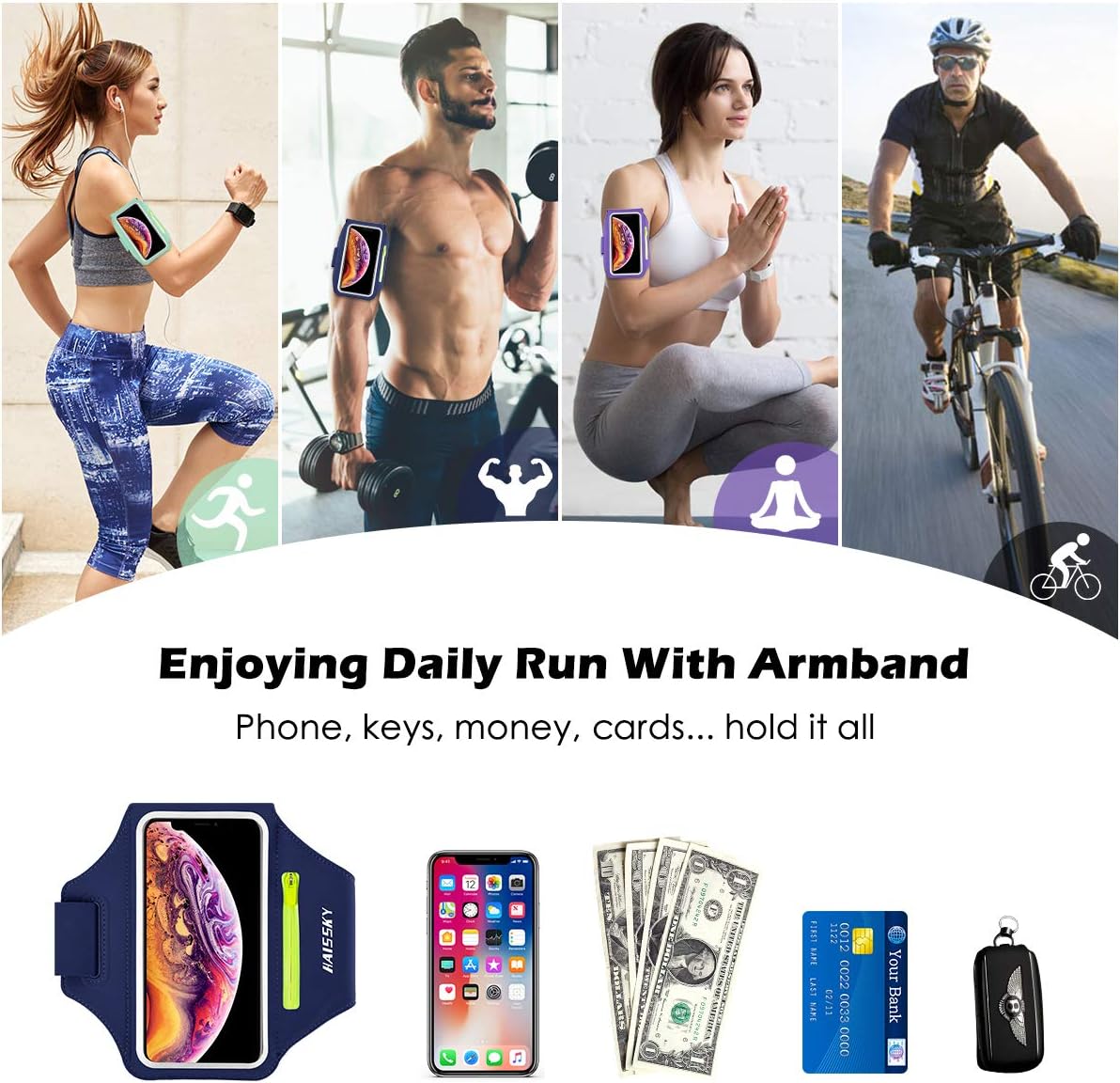 Cell Phone Armband with Airpods Bag Running Armband for iPhone 11 Pro Max/XR 8 Plus/7 Plus, Galaxy S20+/S10/S9, Sweat Resistant Sports Phone Holder with Key Holder and Card Slot, Up to 6.7 inches : Cell Phones & Accessories