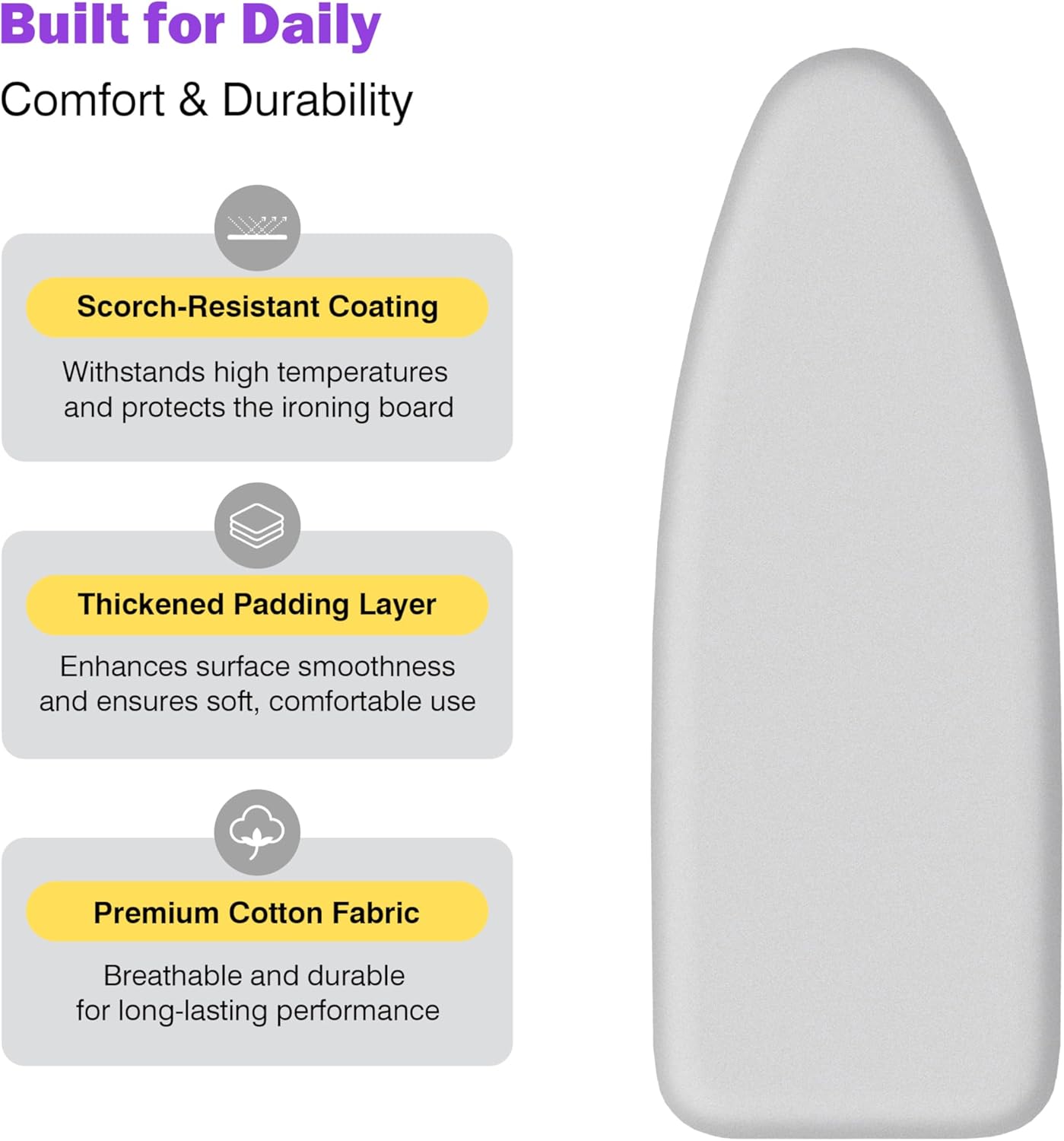 Ironing Board Cover and Pad 18x49 Large, Extra Thick Natural Cotton, Silicone Coated, Scorch Resistant, Elastic Edge with Hook Loop Strap, Wide Iron Board Padding, Heatproof Silver
