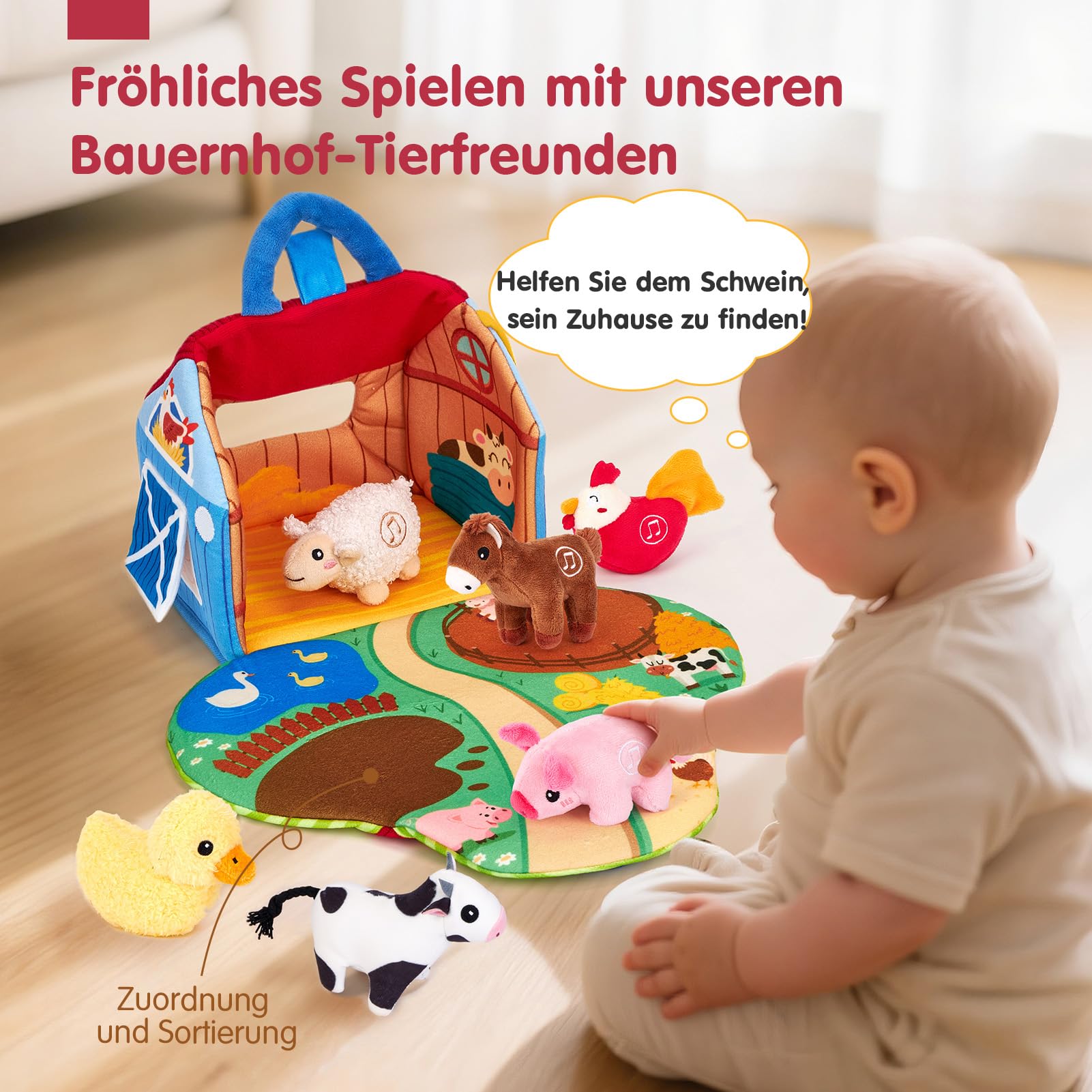 hahaland Bauernhof Baby Spielzeug 6 Monate mit 2-in-1 Scheunen & Spielmatten,6 Sensorik Plüschtiere mit Tiergeräuschen & Spricht Englische Tiernamen,Montessori Spielzeug Baby Geschenk ab 6-12 Monate