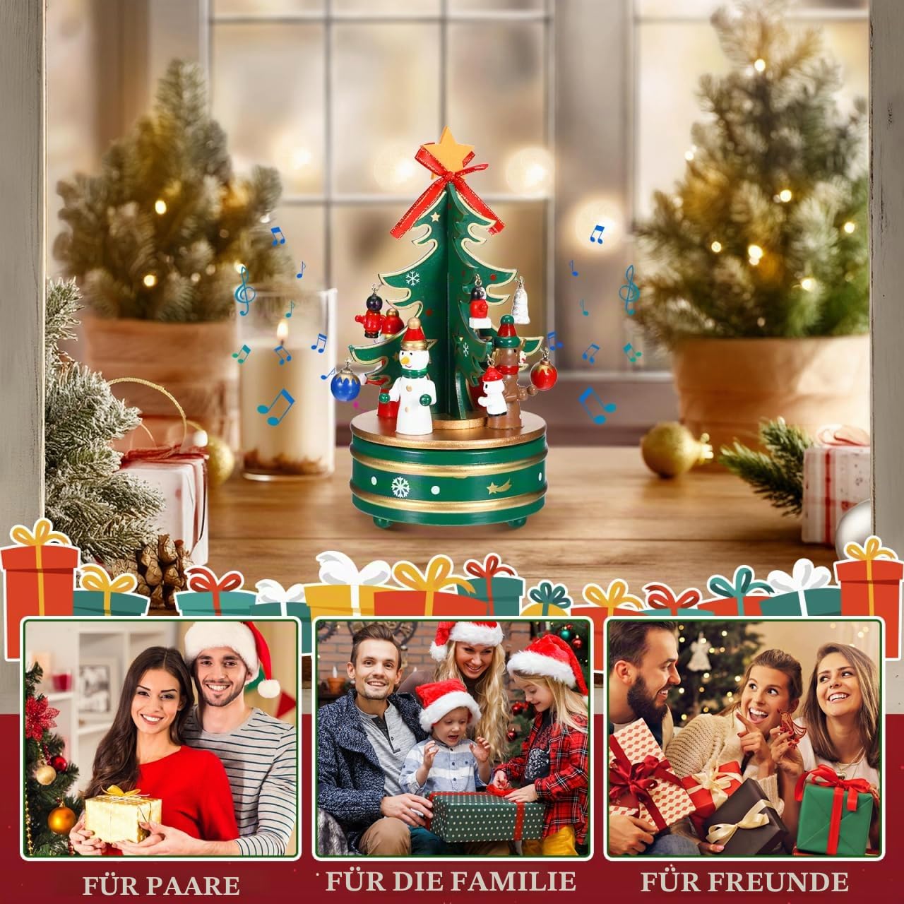Cabilock Holz Weihnachts Spieluhr, 6 Zoll Weihnachtsbaum-Spieluhr Vintage Rotierende Weihnachts Für Kinder, Handgefertigtes Retro Rotations-Uhrwerk Für Kinder, Freunde Familie