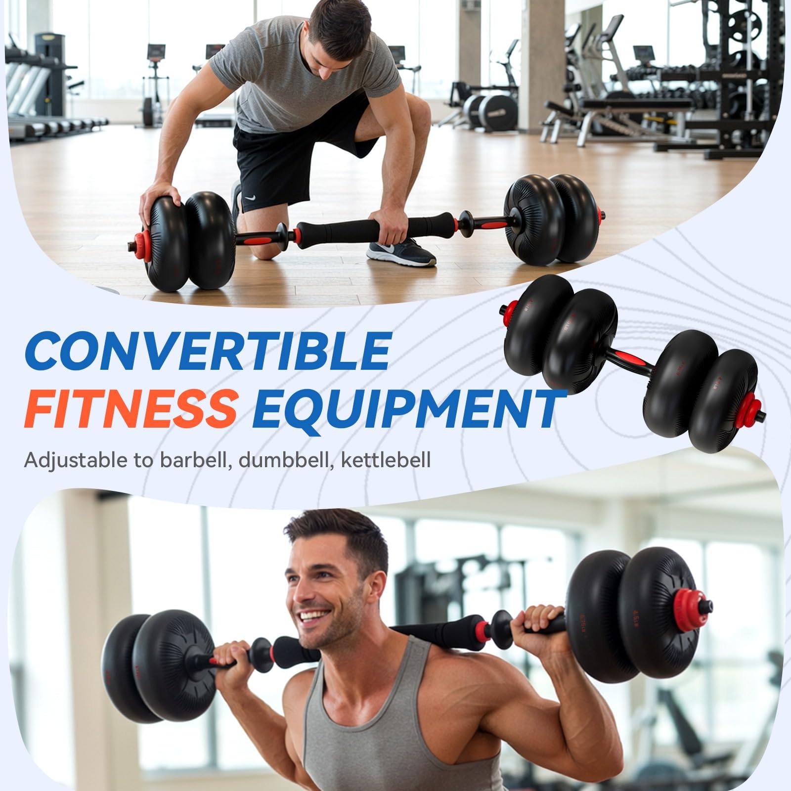 LIFERUN Set di manubri regolabili, 20,4 kg/30,4 kg, set da palestra a casa, 4 in 1 utilizzati come bilanciere, manubri, kettlebell, dischi pesi, morbido rivestimento in PVC, salvaspazio, esercizi