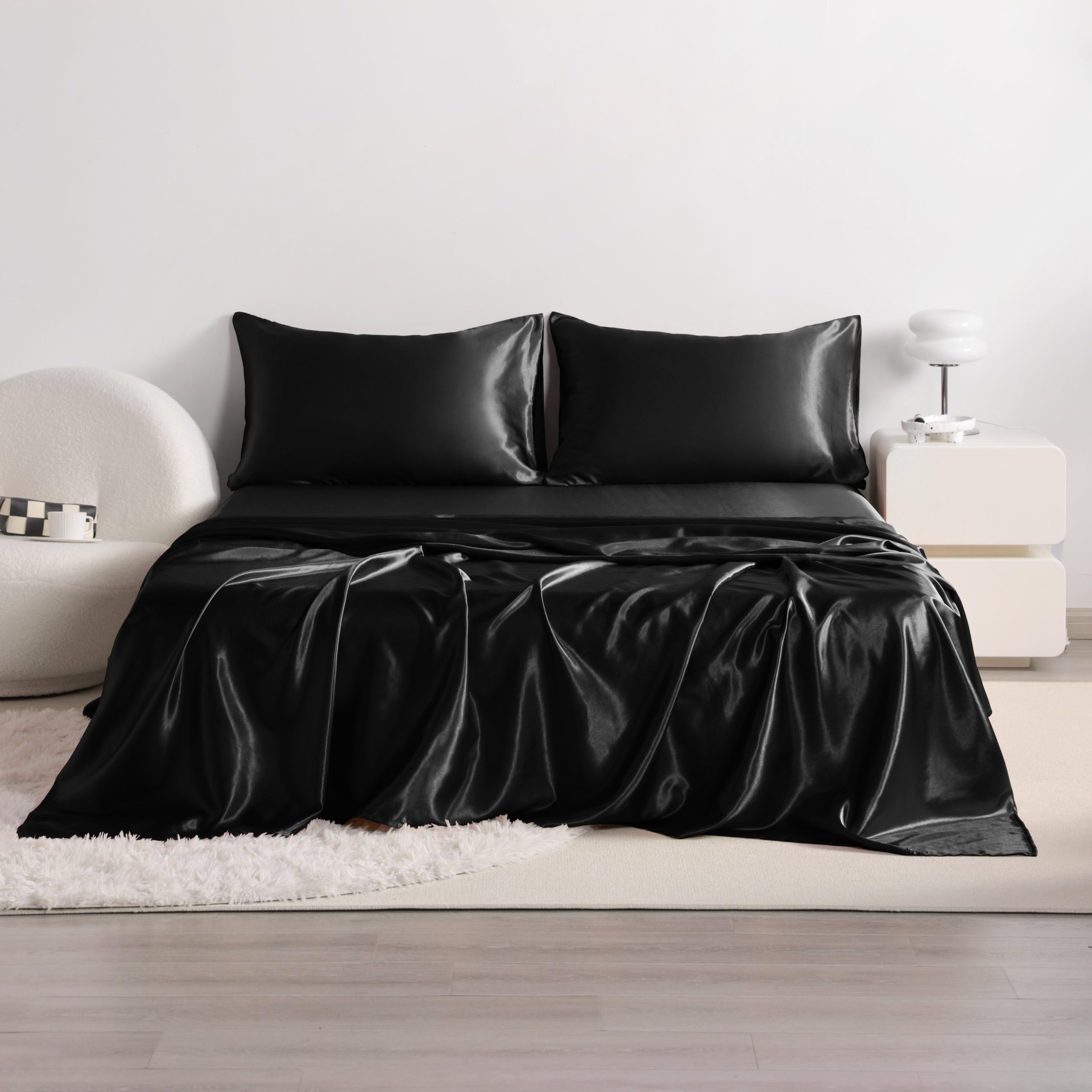 Queen Satin Bed Sheet Set 4 Pieces Bed Sheet Set with Silky Solid Color 1 Deep Pocket Fitted
