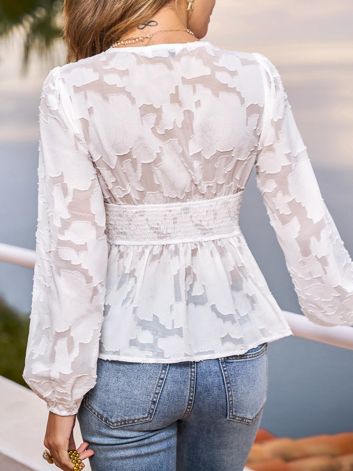 CUPSHE Damen Bluse Elegant Langarm V-Ausschnitt Strukturstoff Tunika Oberteil Mit Elastischer Taille Freizeit Büro Party Tops