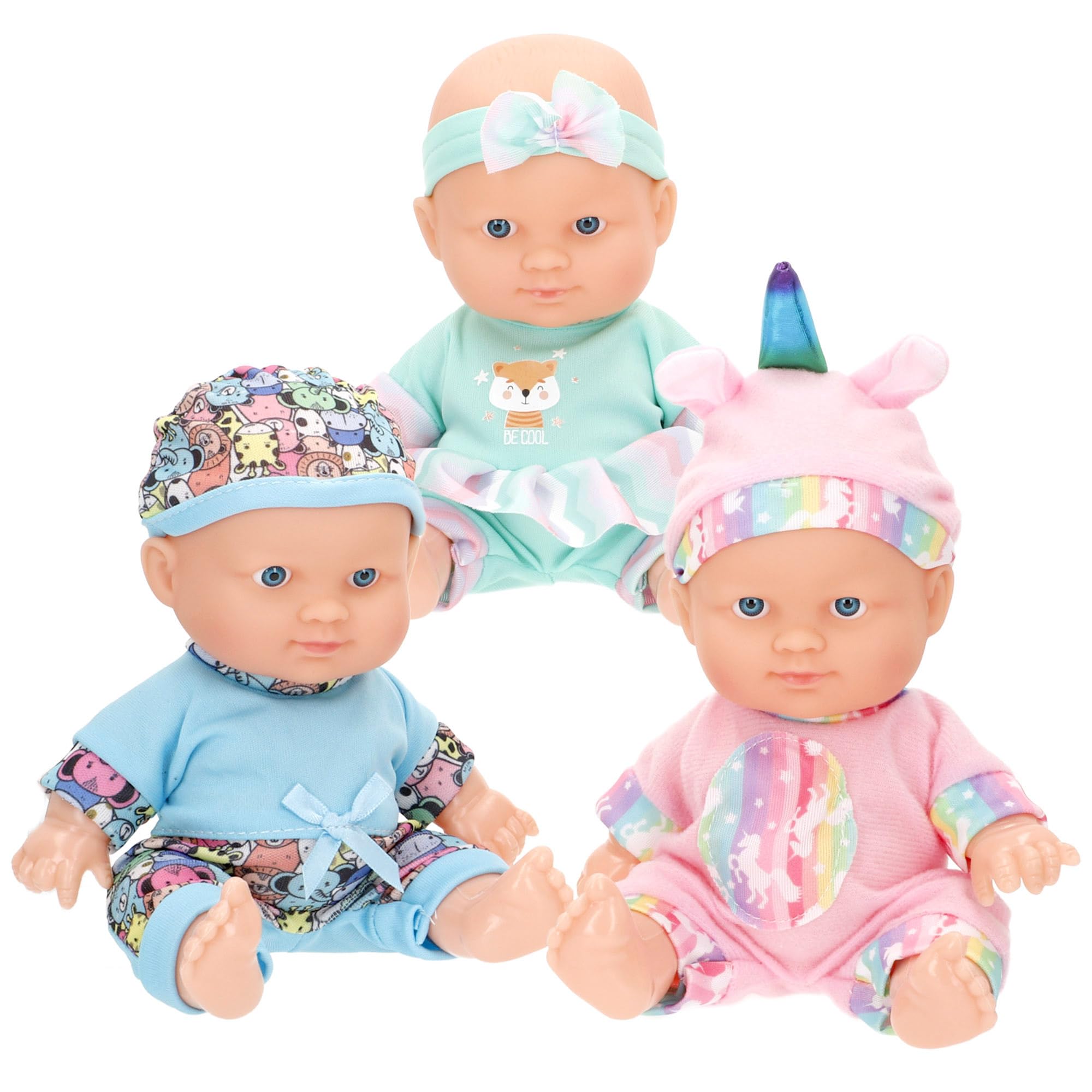 COLORBABY Colorbaby's Set 3 muñecos bebé, miden 20 cm, Cuerpo rígido, Articulado, Incluyen Ropa, con Gorro o Diadema, Juego simbólico para niñas y niños, Desde 2 años (39342)