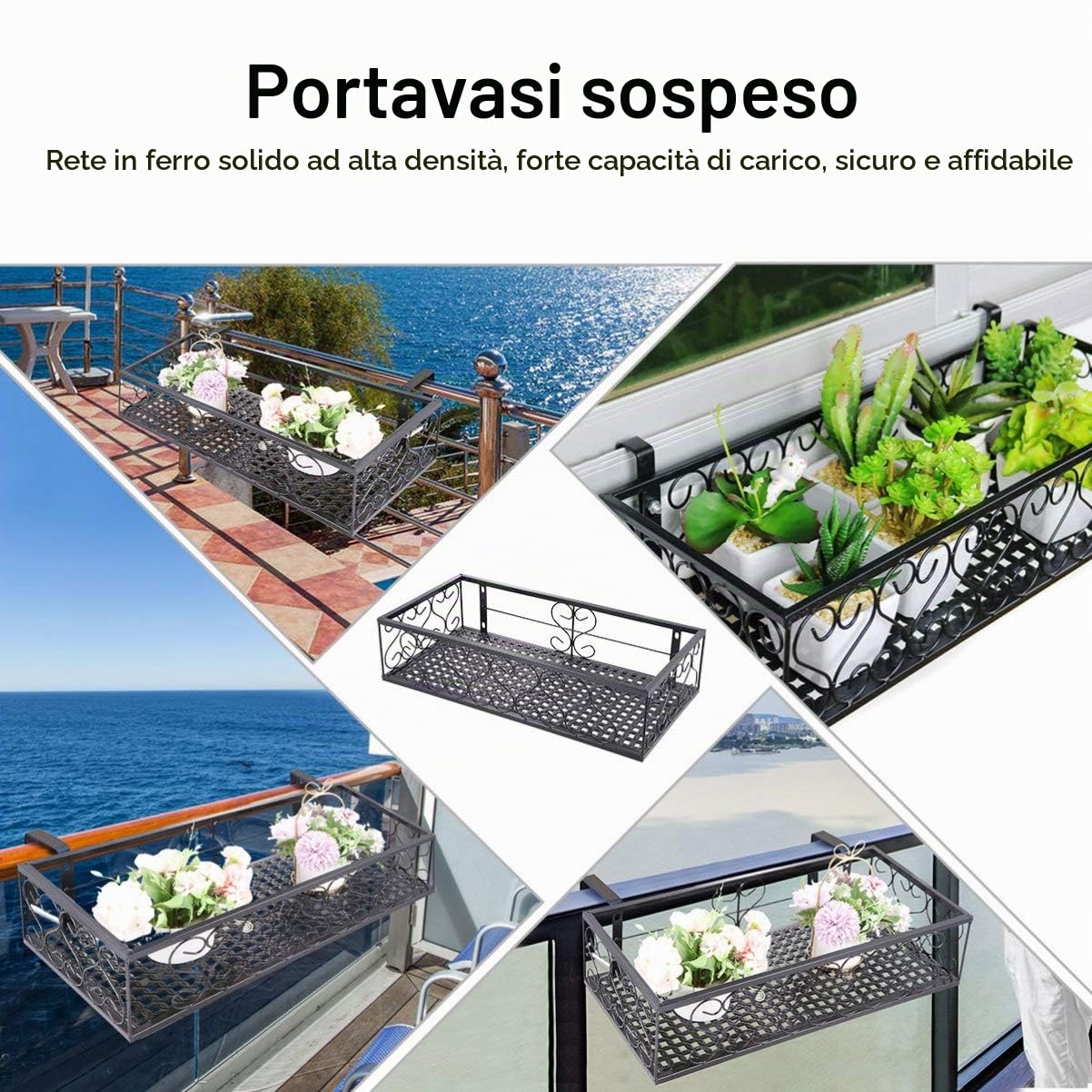 Hemoton Portavaso di Fiori Ferro Arte Rettangolare Cesti Appesi Vasi da Giardino Fioriere Secchio di Metallo per Patio Balcone Recinzione del Portico 50X20x12cm