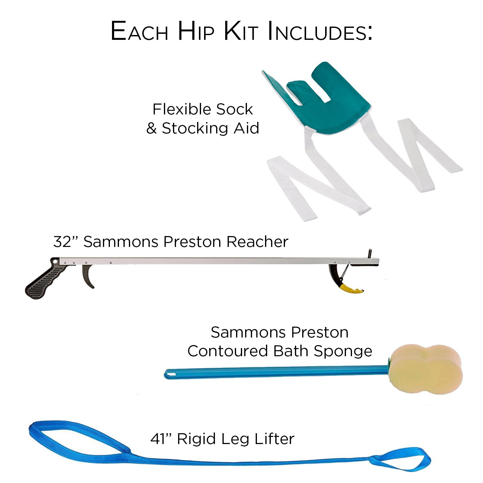 Sammons Preston Hip Kit 9, cztery niezbędne pomoce do codziennego życia wspomagane dla ograniczonej mobilności, w tym 32-calowy zaczep reachera, elastyczna pomoc w skarpetce, sztywny podnośnik nóg i