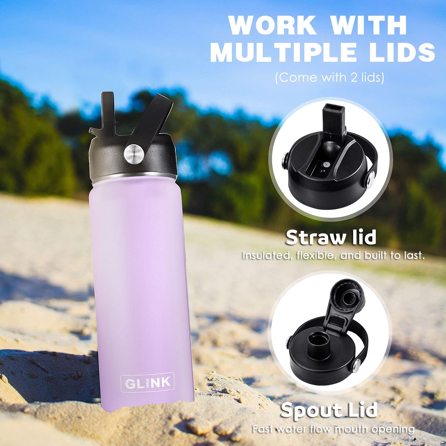 Glink Stainless Steel Water Bottle with Straw, 12-64 oz Wide Mouth Double Wall Vacuum Insulated Water Bottle Leakproof, Straw Lid and Spout Lid with New Rotating Rubber Handle : Home & Kitchen