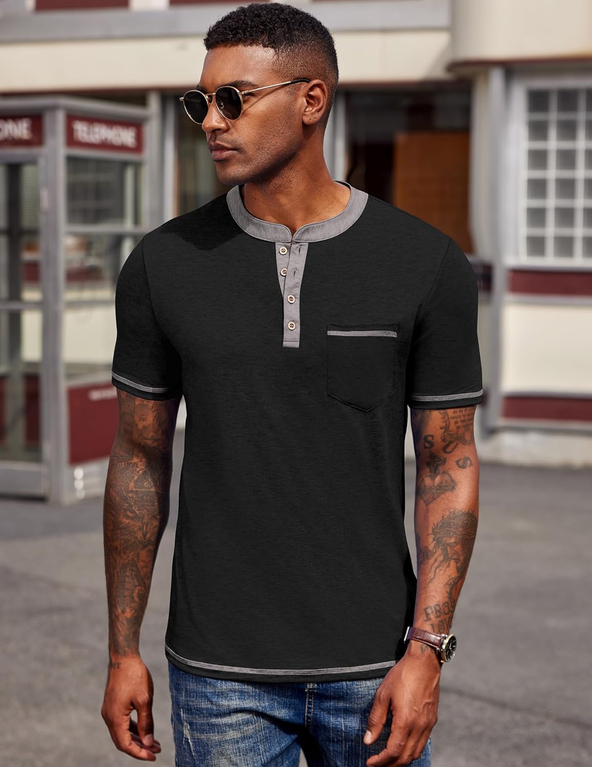 COOFANDY Mens Henley Shirts Short Sleeve Casual Button T-Shirts Basic Tee Shirts Summer Vintage T Shirts with Pocket - Image 2