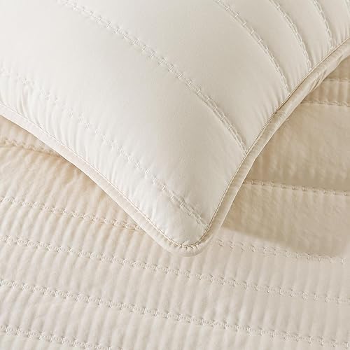 Miniatura 6 de HIARUO Colchas tamaño King, colcha a rayas (104 x 90 pulgadas) con 2 fundas de almohada (20 x 36 pulgadas) para todas las estaciones, beigeblanco