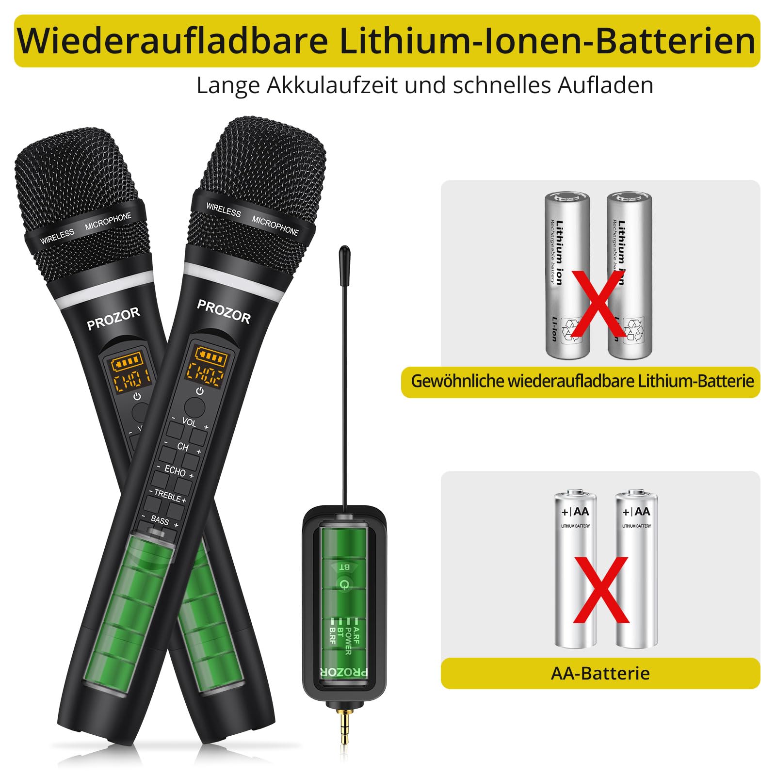 PROZOR Drahtloses Mikrofon Dual UHF Metall Handmikrofon mit Höhen-Bass-Echo-Steuerung, wiederaufladbar Empfänger, Drahtloses Mikrofonsystem für Gesangsparty, DJ, Hochzeit, Lautsprecher, Verstärker