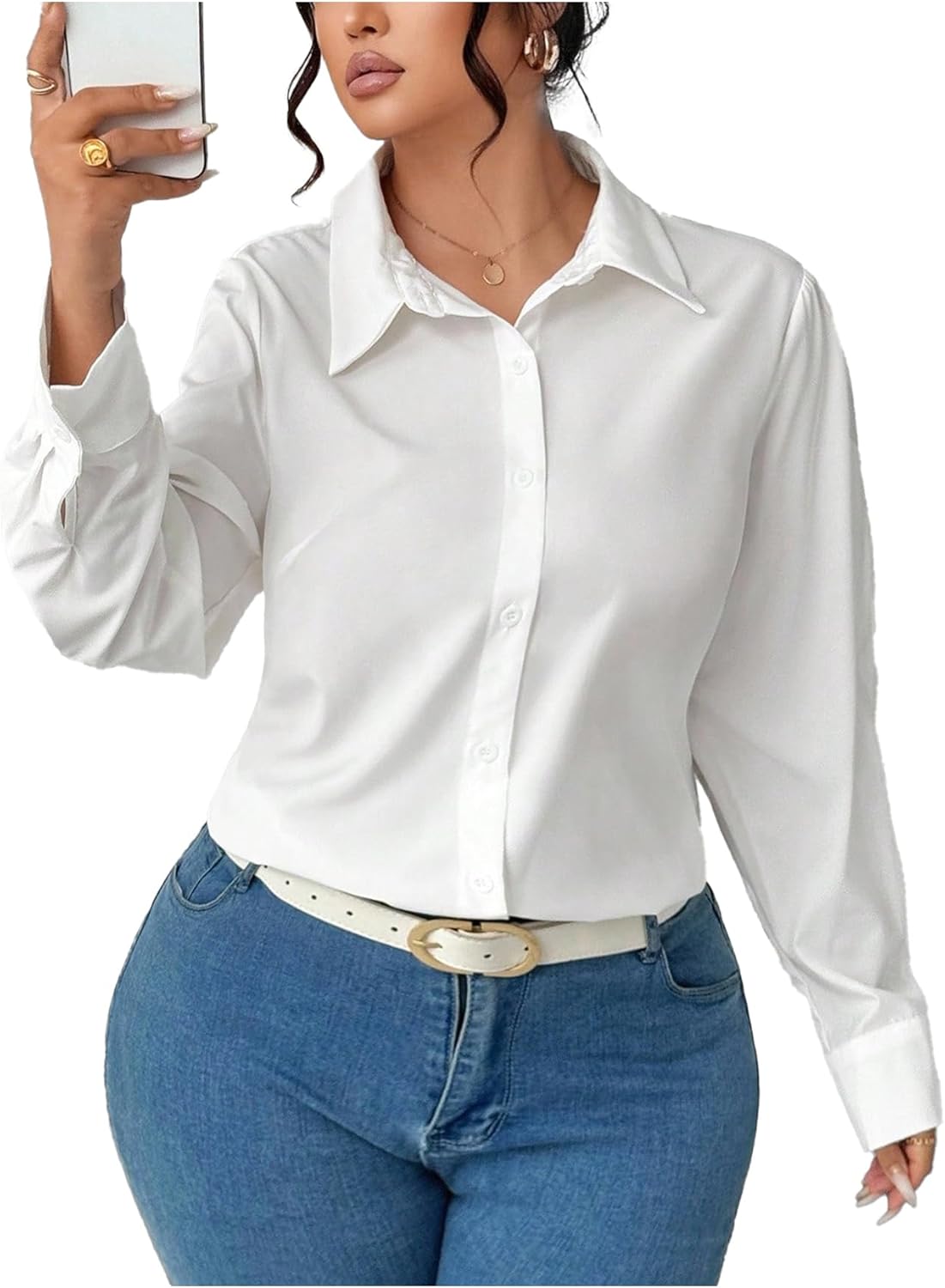 Women's Plus Size Button Down Shirts Fall Long Sleeve Collared Blouses Business Casual Tops