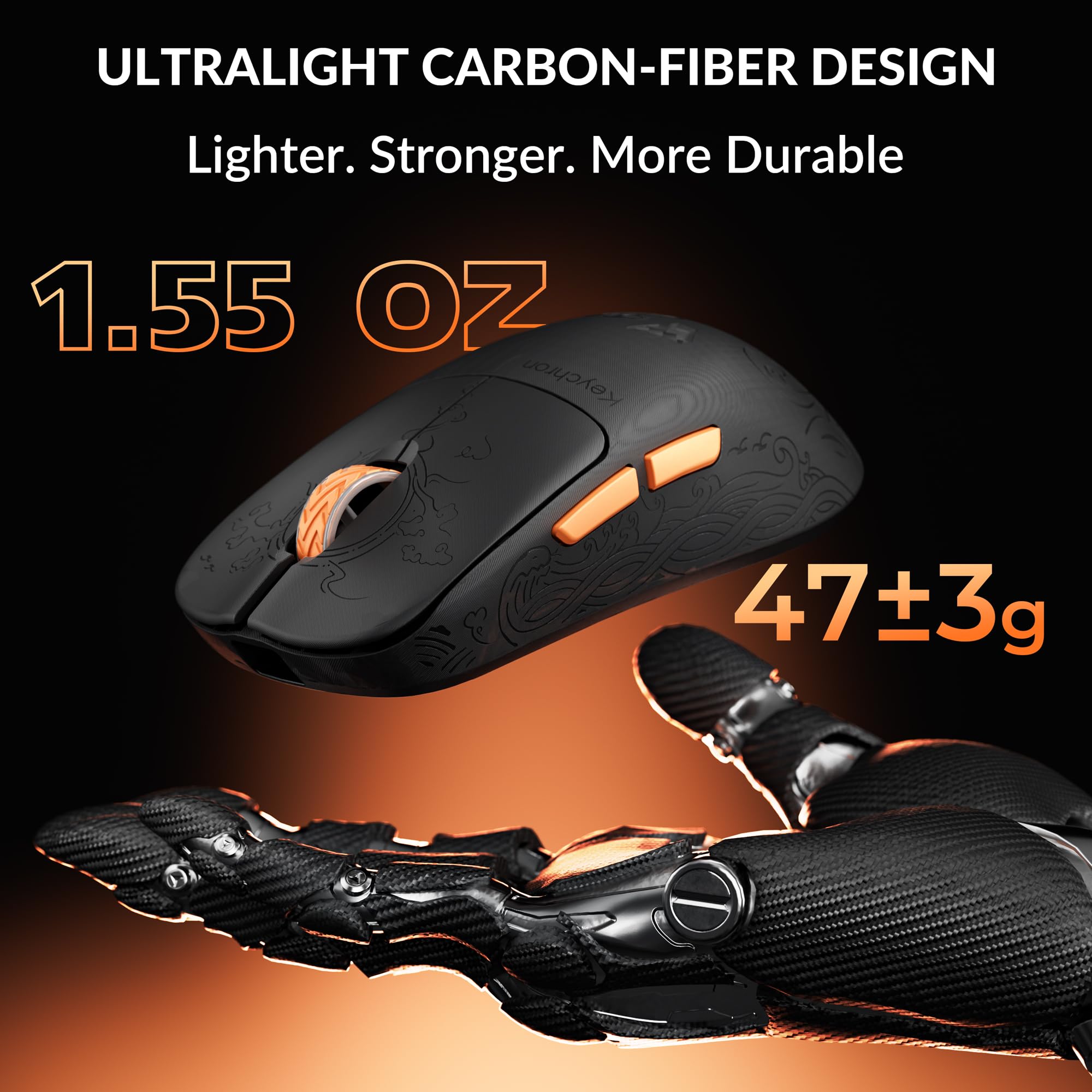 Keychron G3 8K Carbonfaser-Gaming-Maus, kabellos 8000 Hz, 30000 DPI, PAW 3950 Sensor, Ultraleicht 44g, 2,4 GHz/Bluetooth 5.3, 160 Stunden Akkulaufzeit, 5 programmierbare Tasten, für E-Sport und FPS