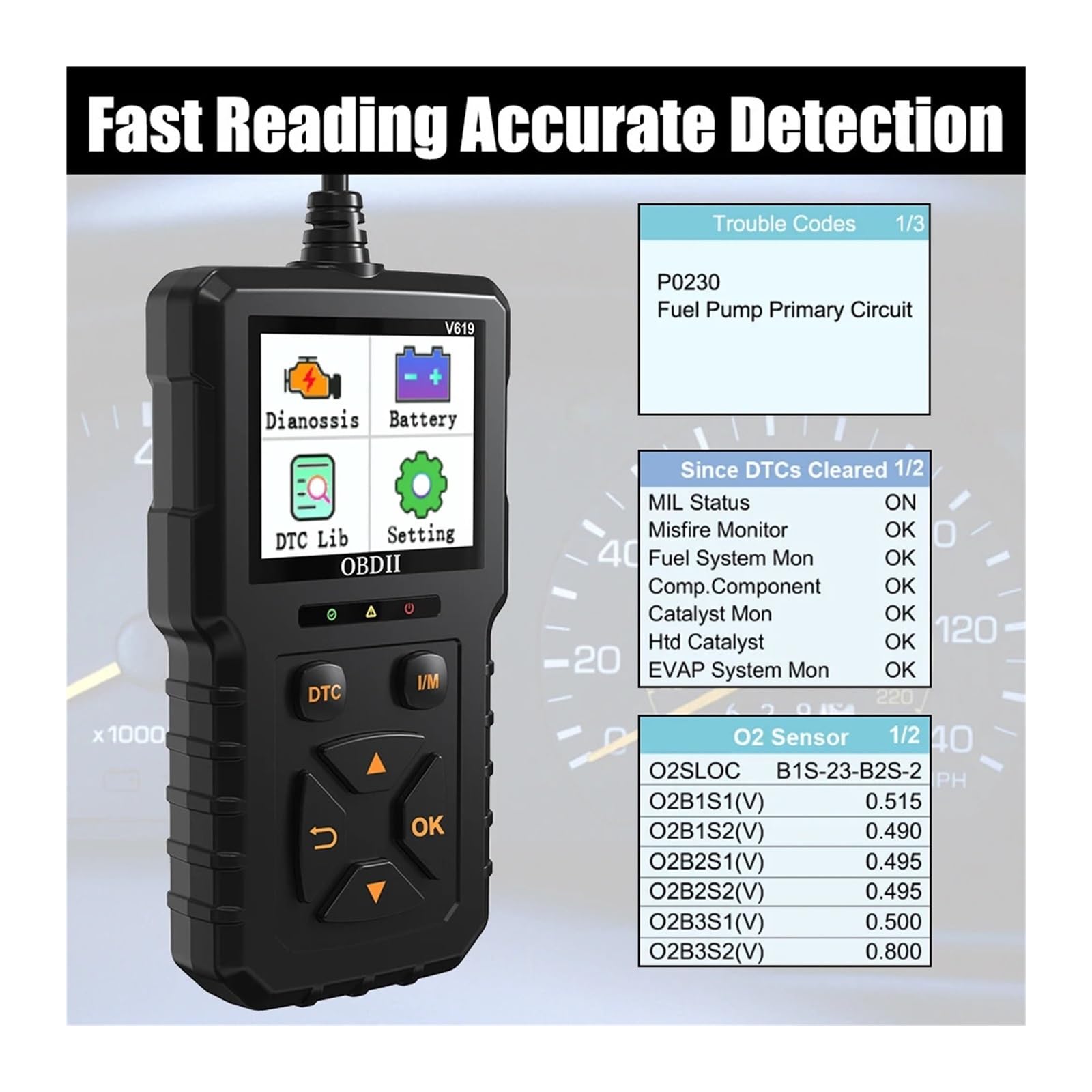 Escáner para Coche, Herienta de diagnóstico OBD2 for automóvil V619, lector códigos información del vehículo, escáner multilingüe, comprobador batería, verificación motor(Nero)