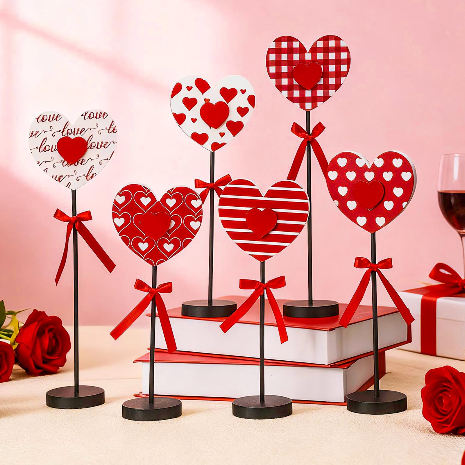 Briwooody 6 Pcs Valentine's Day Decorations Heart Wooden Table Sign Set Red Love Table Centerpiece Valentines Tabletop Decor Tall Standing Farmhouse Wood Block for Wedding Party Home Decorations