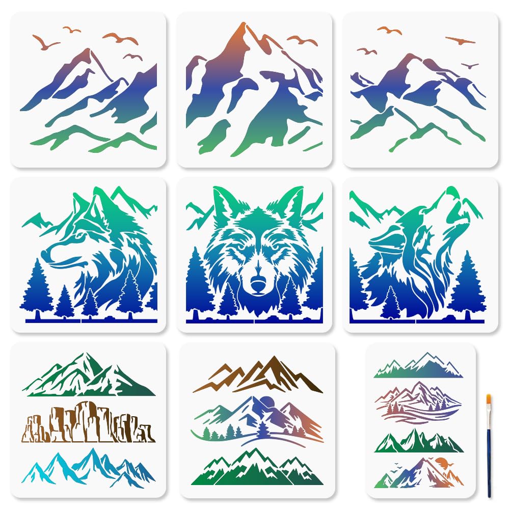 MAYJOYDIY 9 plantillas de montaña con diseño de lobo, 30 x 30/29,7 x 21 cm, plantillas reutilizables con pincel de pintura para manualidades en ventanas, madera, pared, decoración del hogar