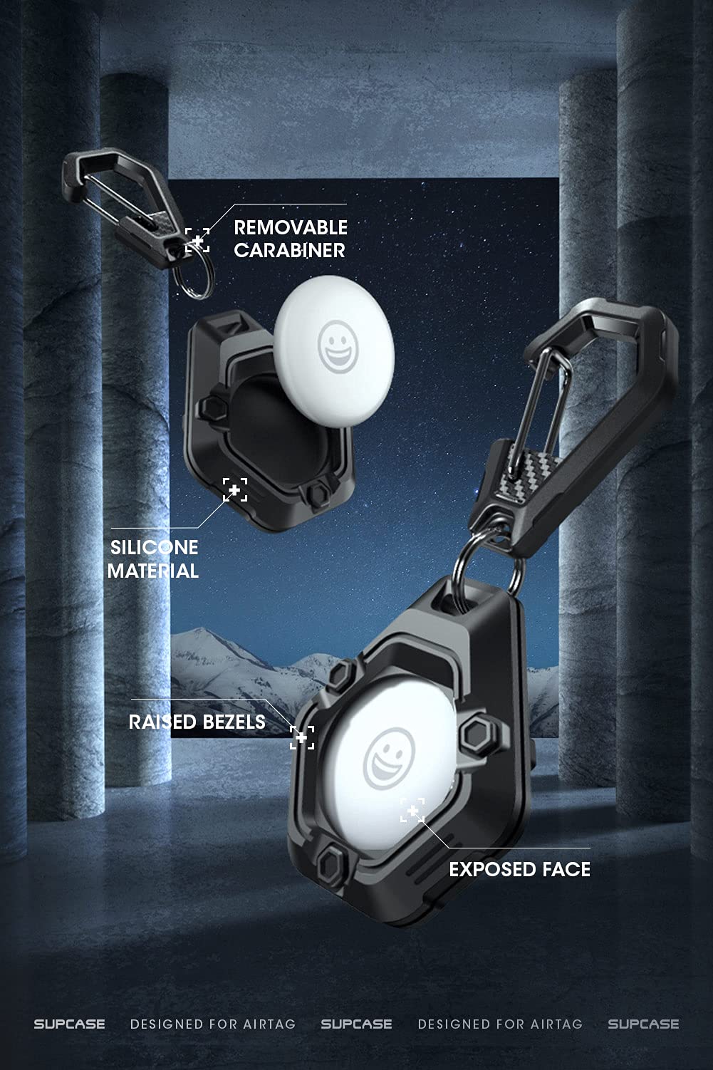 SUPCASE for Apple AirTag Case with Keychain Carabiner, Anti-Scratch Shockproof Soft Silicone Protective AirTag Holder Accessories for Dog Cat Collar, Keys, Luggage, Backpacks (4 Pack, Dark)