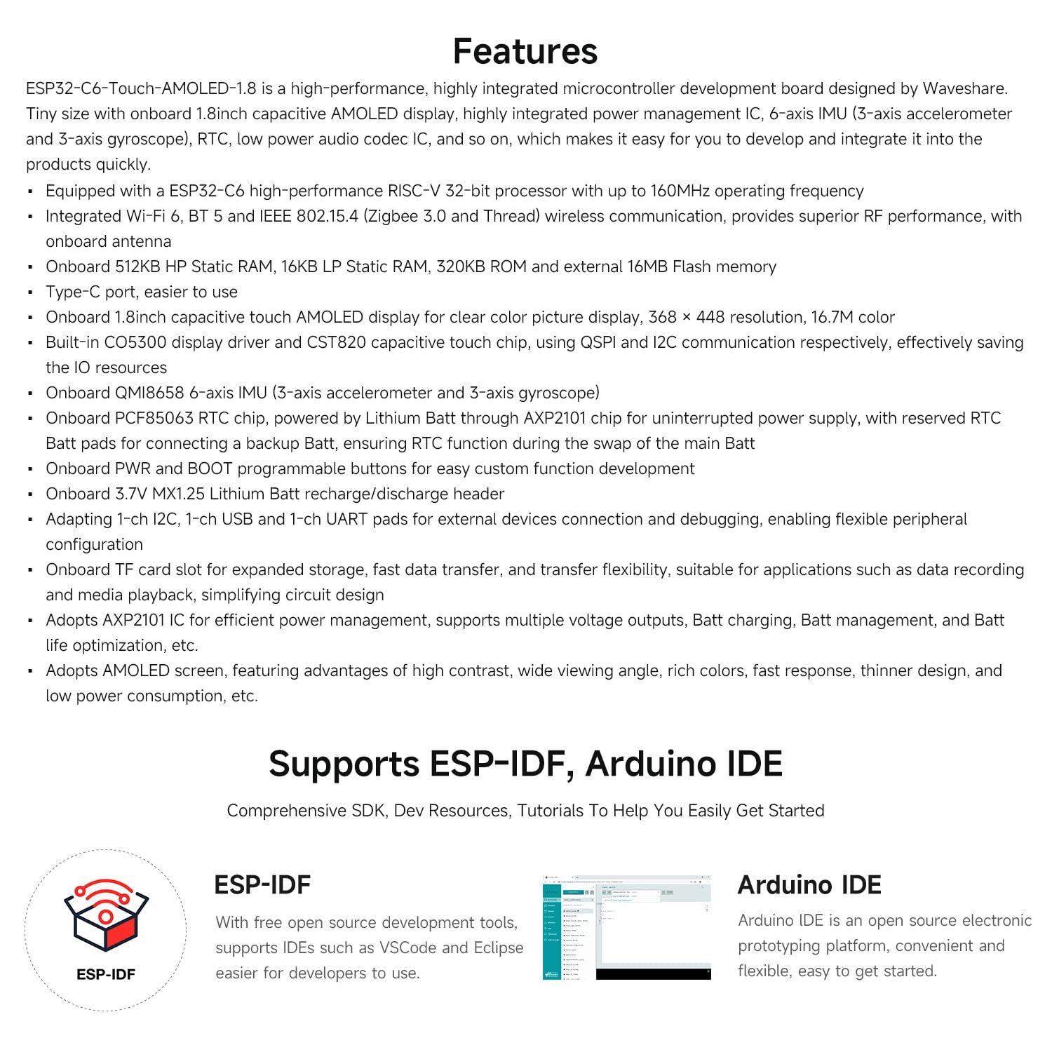 Waveshare ESP32-C6 1.8inch Touch AMOLED Display Development Board, 368 × 448 Resolution, Supports Wi-F 6, BLE 5 and Zigbee,No Batt