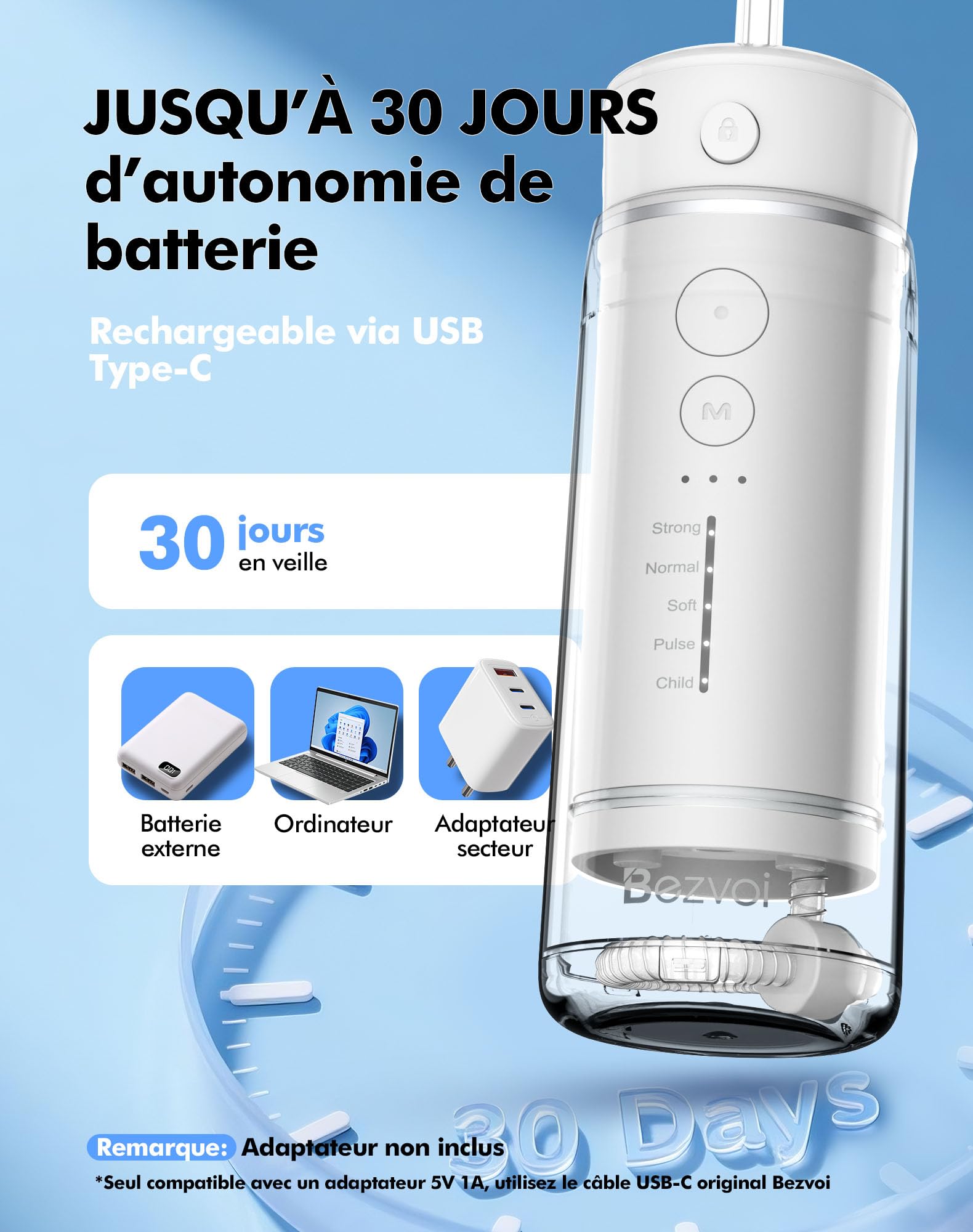 Bezvoi Mini Jet Dentaire Hydropulseur Portable- Irrigateur Oral Rechargeable avec 6 Embouts, 5 Modes, Réservoir 180ml, Étanche IPX7 - Pour Soins Buccaux, Voyage et Soins Orthodontiques,Blanc