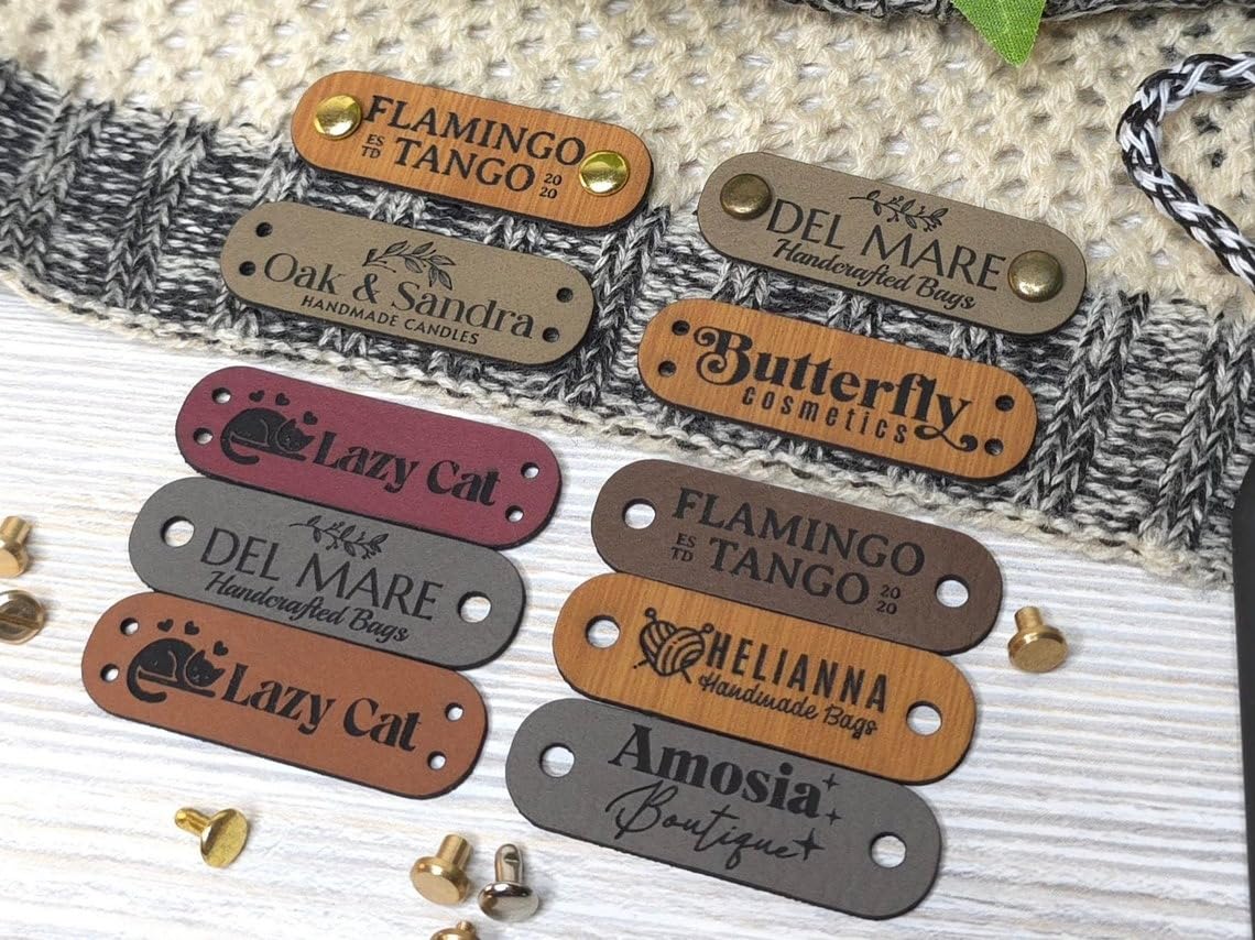 Customized 1.75 x 0.55 inches Faux Leather Product Tags With Rivets, Personalized Tags for Knitting Crochet, Cute Labels Handmade Perfect for Hats Beanies Scarves & More, Labels for knits Thumbnail