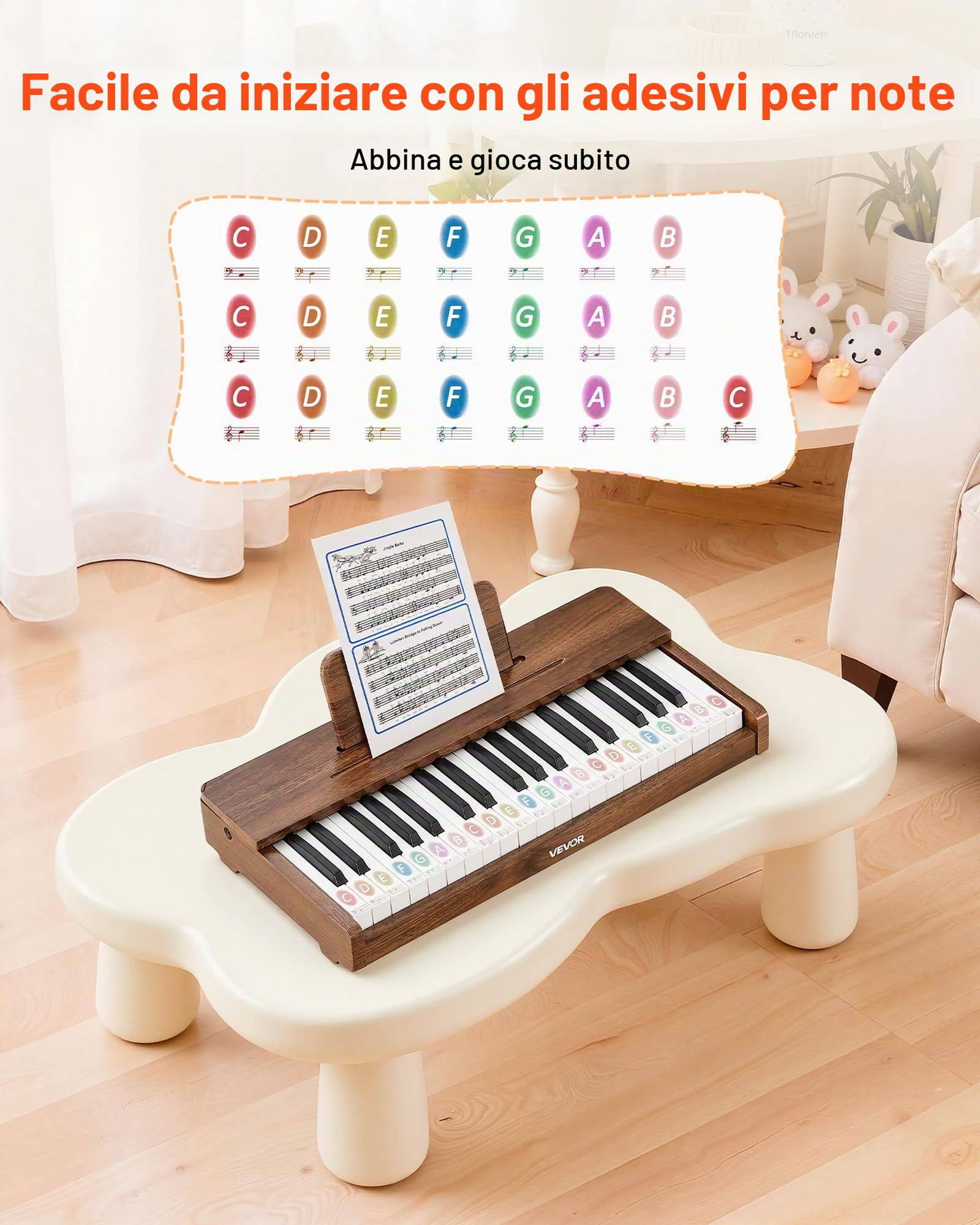 VEVOR Mini Strumento Musicale Giocattolo in Legno a 37 Tasti, Mini Strumento Musicale Giocattolo Educativo con Suono Realistico, Doppia Alimentazione, Volume Regolabile per Bambini Piccoli