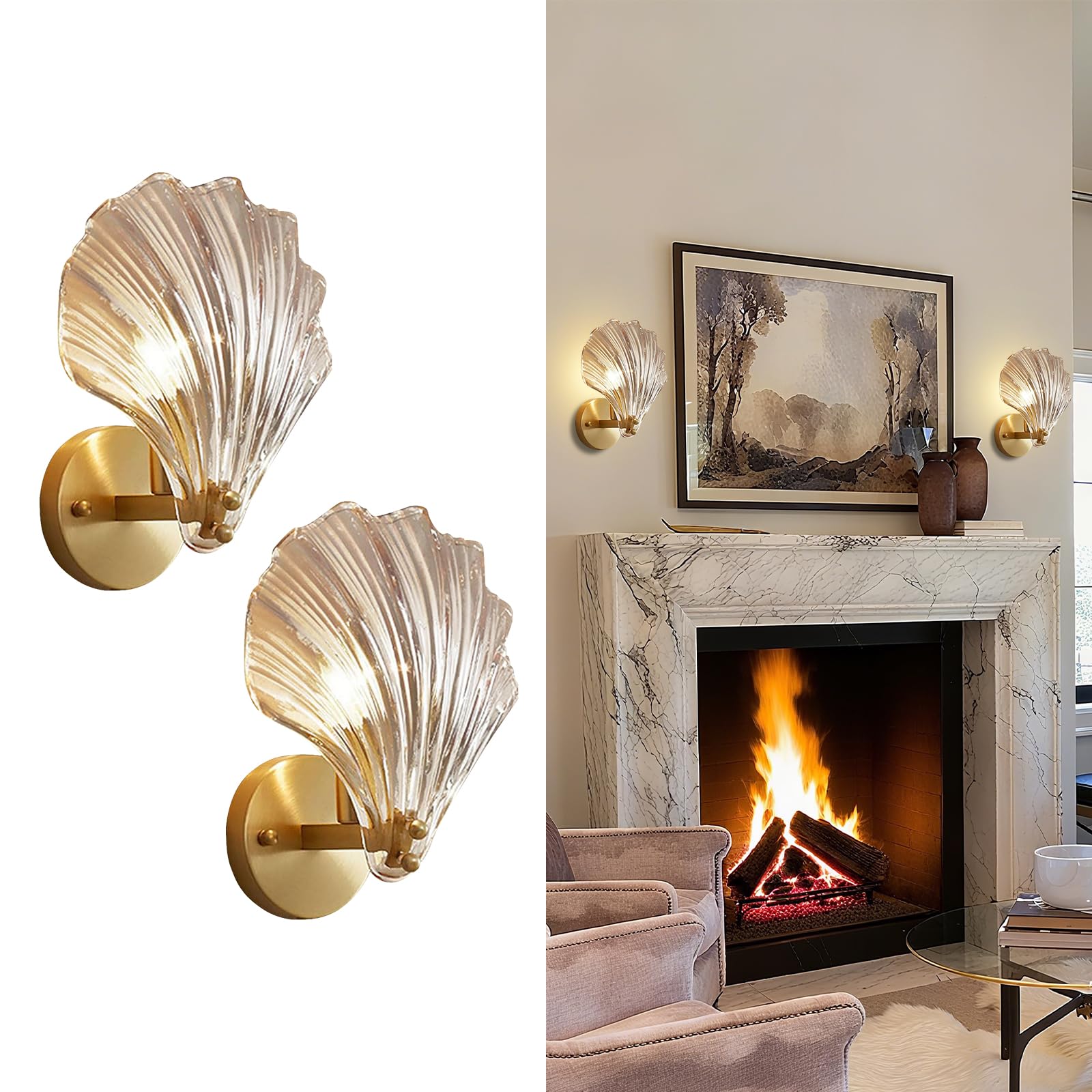 KlkrzJwy Modern Crystal Wall Light, Brass Base Shell Wall Sconces Lamp, E14 Gold Crystal Wall Lamp Wall Lighting Fixtures For Bedside Bedroom Living Room Corridor Dining Room Hallway (Amber)