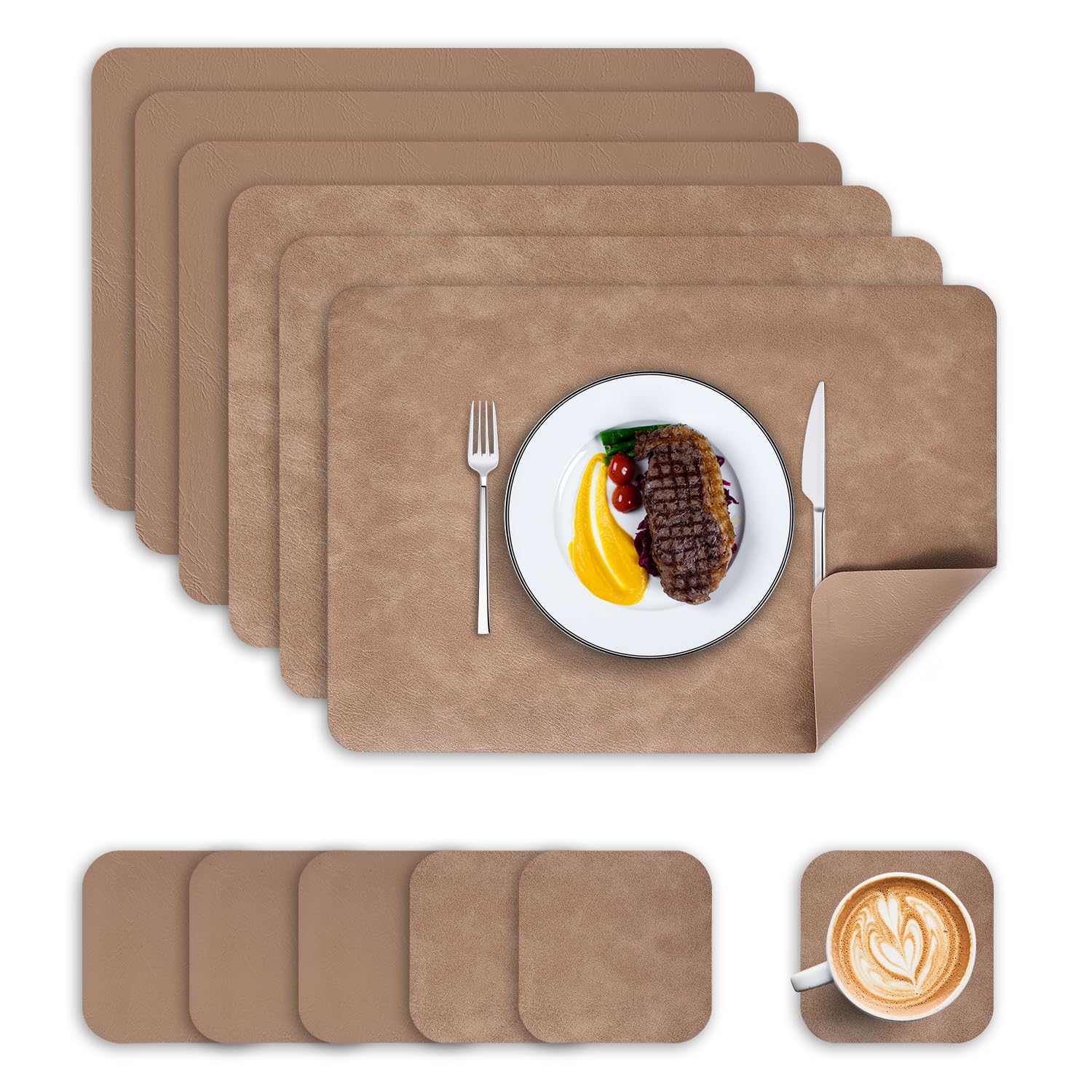 Placemats and Coasters Set of 6, PU Leather Heat-Resistant Table Mats Dual-Sided Waterproof Washable Non-Slip Place Mats for Kitchen Table (Camel)